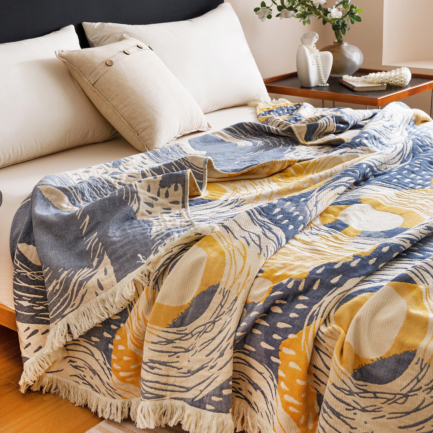 Scientific Sleep Starry Night Impressionism Art Blanket Sky Moon Star 100% Cotton Muslin Blanket Throw for Bed Couch Sofa Cozy Soft Bedding Bedspread Quilt Coverlet Full Queen 80 in x 90 in