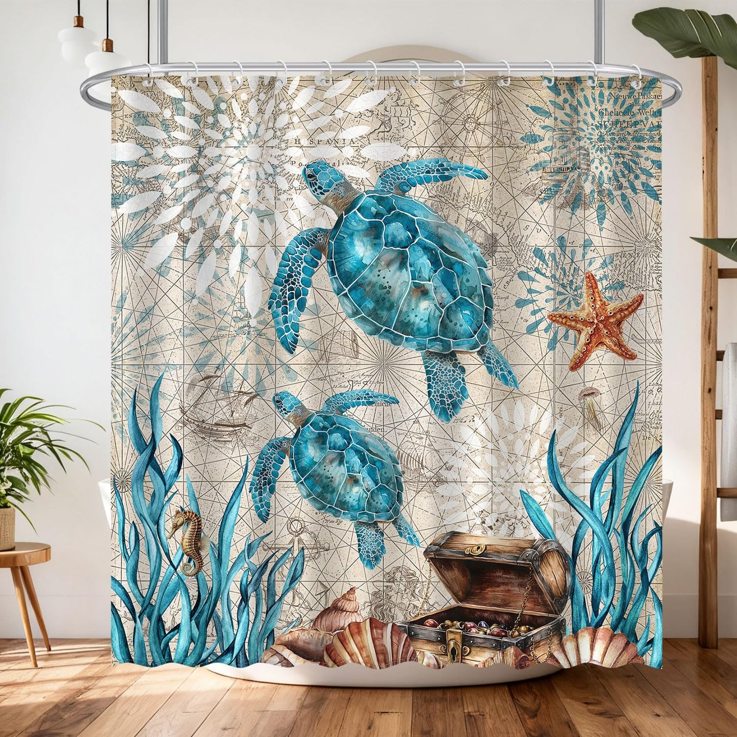 AMLabubu Blue Sea Turtles Nautical Shower Curtain Set, Ocean Beach Boho Bathroom Decor, Polyester Cloth Fabric Bath Curtain with 12 Hooks 72" W x 72" L