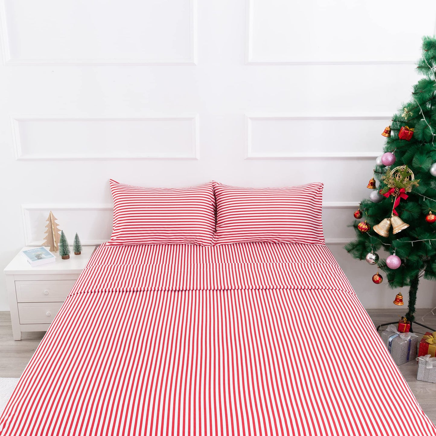 Best Season Ticking Stripe Sheet Set,4 Piece Queen Size Microfiber Bedding,Burgundy Red and White Pinstripe Patterned,Deep Pocket