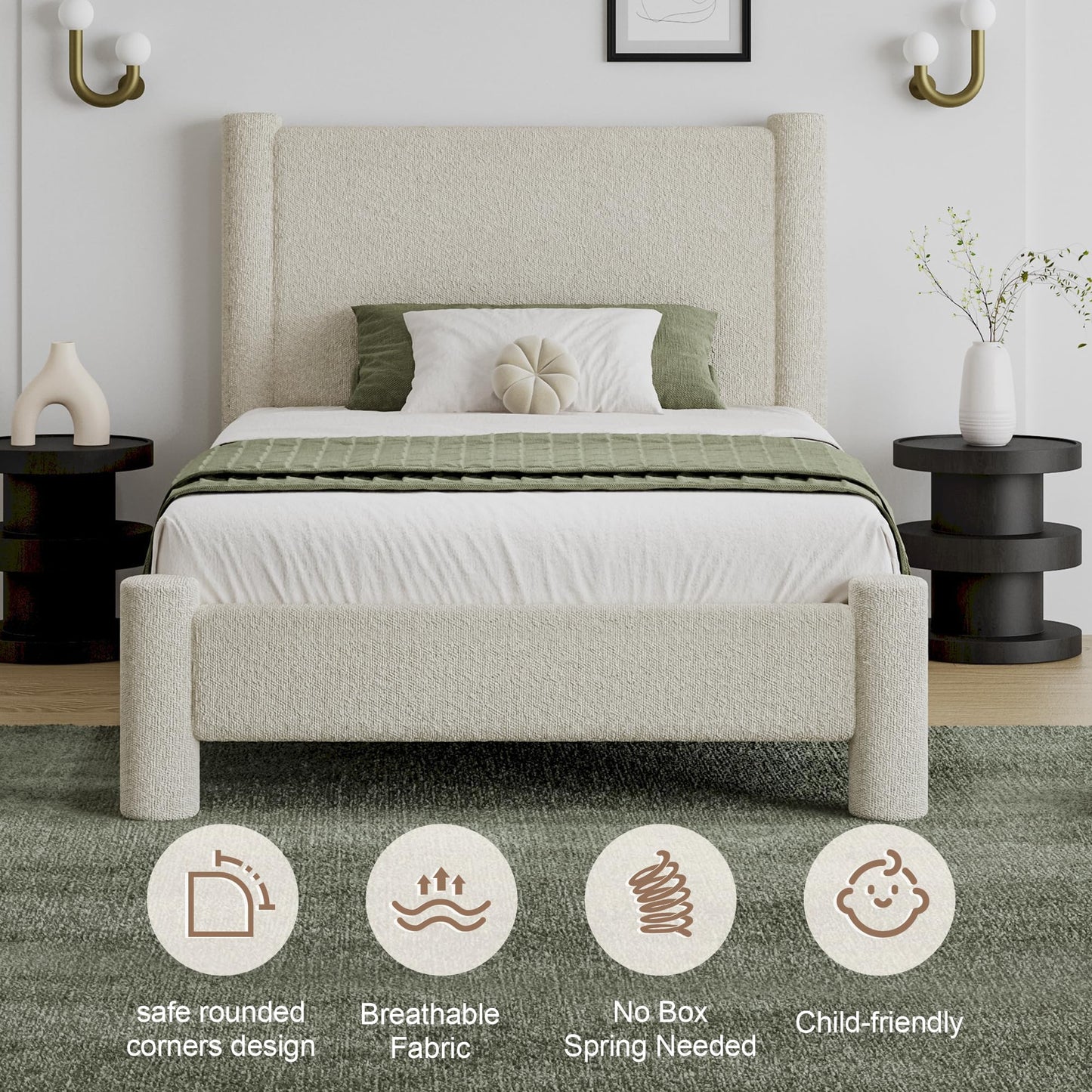 REVOMINCA Twin Size Bed Frame, Boucle Upholstered Platform Bed with Headboard and Footboard, Soft Rounded Corners, No Box Spring Required, Easy Assembly, Cream