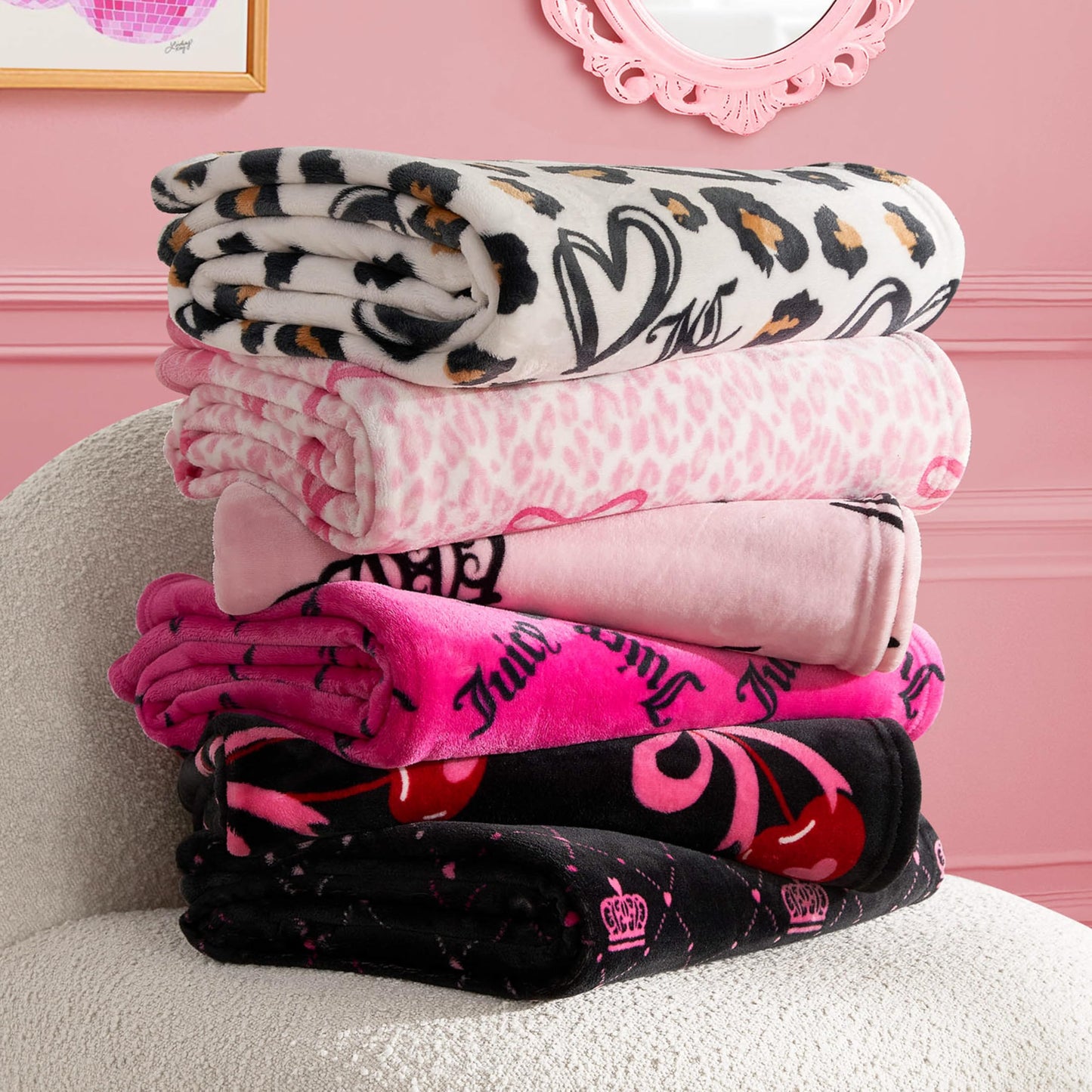 Juicy Couture Elegant Crown Diamond 50" x 70" Plush Throw Blanket, Pink - Decorative Blankets for Sofas, Throws for Chairs, and Beds
