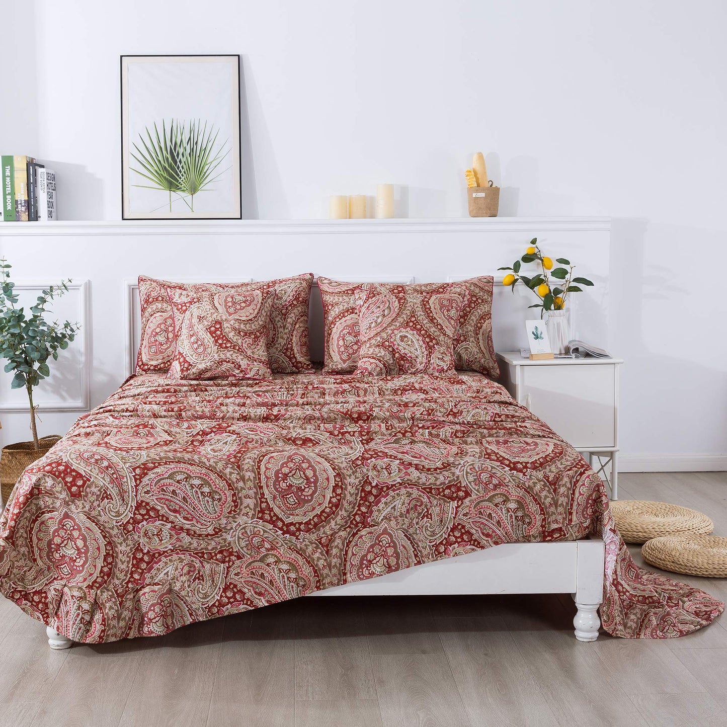 FADFAY Luxury Paisley Sheets Set King Classy Red and Gold Floral Farmhouse Bedding Elegent Red Paisley Bedding Set 100% Cotton Super Soft Hypoallergenic Deep Pocket Fitted Sheet 4-Pieces, King Size