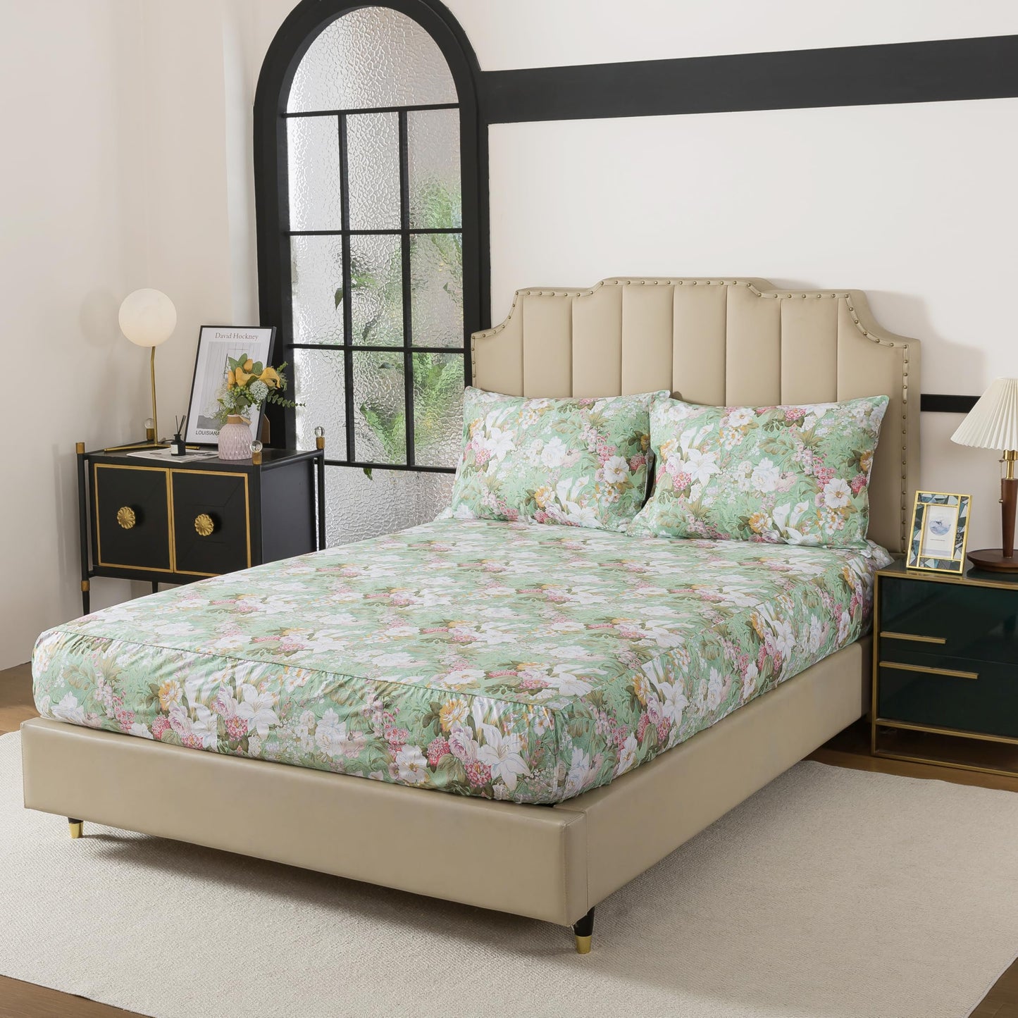 FADFAY Floral Bed Sheets Set Queen Size 100% Cotton Mint Green Botanical Sheet Sets Countryside Bedding Soft Breathable Girls Lily Flower Printed Deep Pocket Sheet 17.5 inch, 4 Pcs Queen