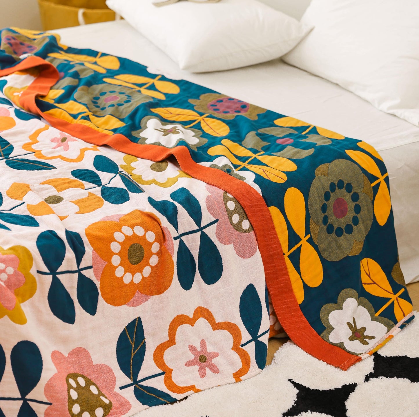 Scientific Sleep Retro Floral Modern Boho Flower Lively Bright Blanket Throw 100% Cotton Muslin for Kids Girls Bed Couch Sofa Cozy Soft Reversible Quilt Bedspread Coverlet Full Queen 80 in x 90 in