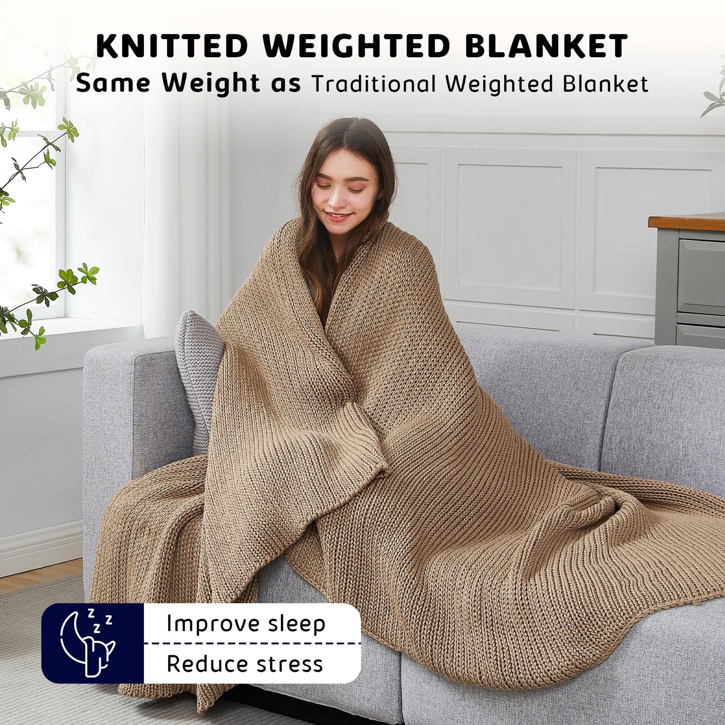 L'AGRATY Knitted Weighted Blanket - 50''x60'' 7lbs Cooling Chunky Knit Heavy for Adults Braided Crochet Throw Thick Cable Yarn Decorative No Beads Evenly Machine Washable, Beige