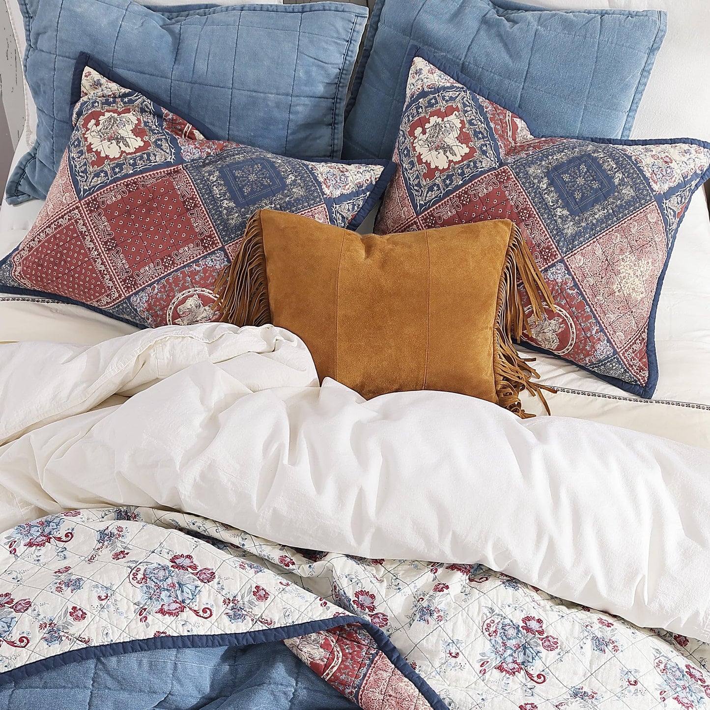 Paseo Road Tasha Polizzi Patchwork Bandana Western Bedding Sets, 3 Piece Queen Cotton Quilt Set, Red Blue Medallion Paisley Country Bedding, Reversible Floral Print Patchwork Quilt with Pillow Shams