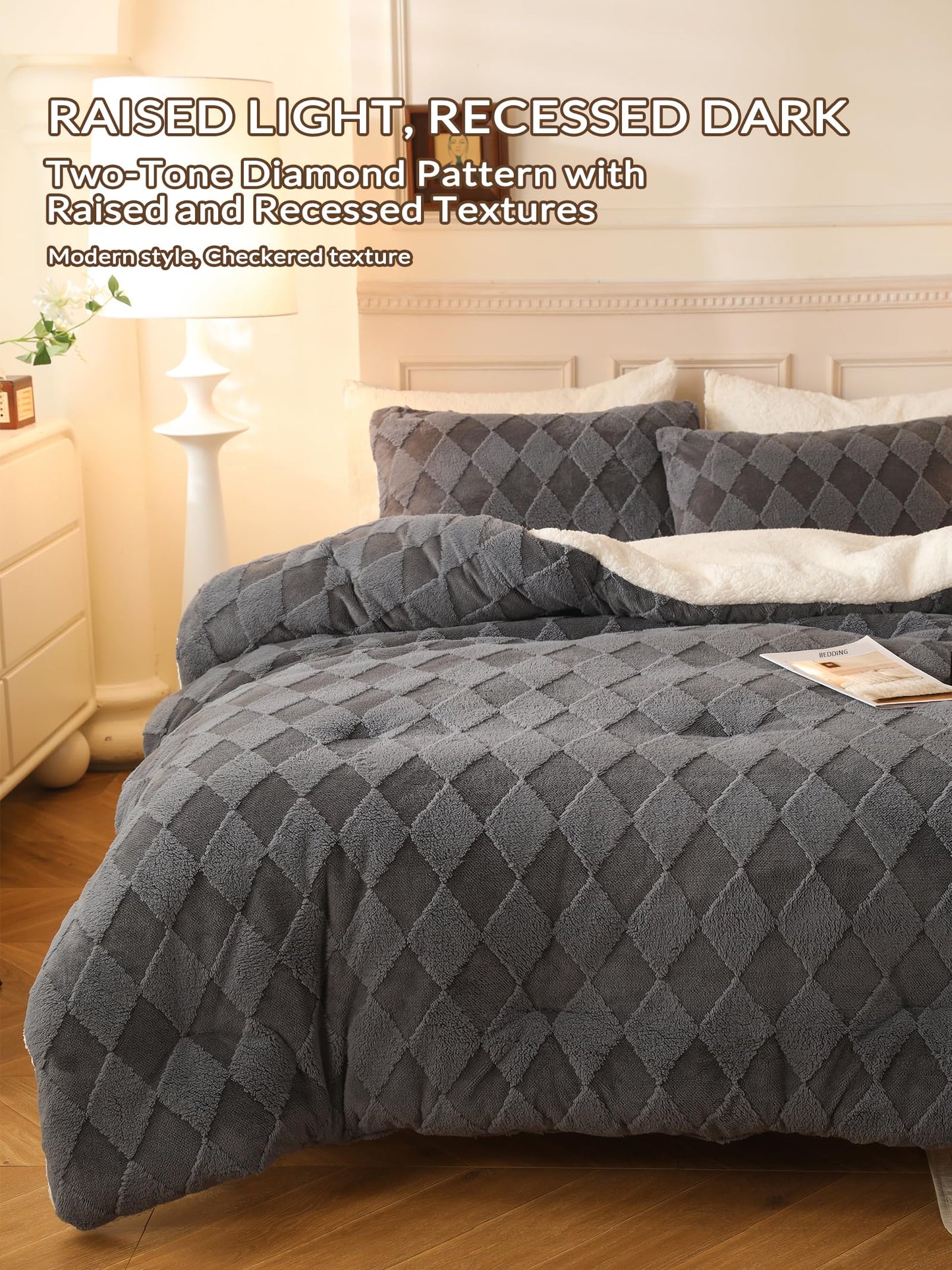 hadamick Tufted Fleece Comforter Set King - Super Soft Warm Fluffy Shaggy Bedding Sets, Diamond Plaid Jacquard Bed Set for Winter, 1 Sherpa Comforter with 2 Pillow Cases (104"X90" Grey)