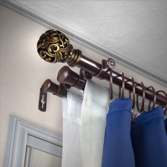 A&F Rod Décor - Baroque 13/16" Triple Curtain Rod 66-120 inch - Cocoa