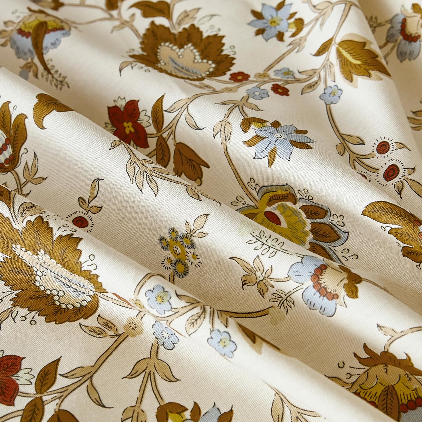 YuHeGuoJi Burnt Orange Flower Duvet Cover Queen 100% Cotton 3 Pcs Set 1 Caramel Botanical Duvet Cover with Zipper Ties 2 Pillow Shams Decorative Brown Beige Floral Paisley Wide Trim Bedding Set