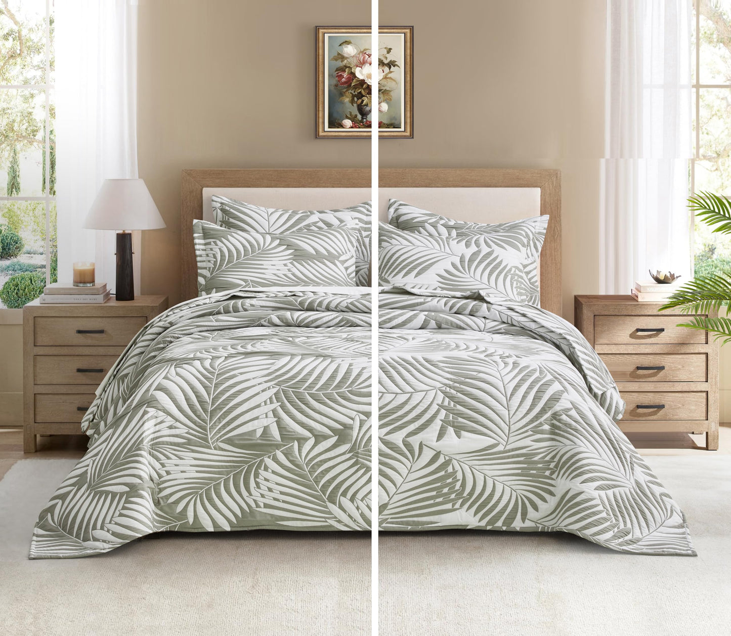 Chezmoi Collection Oversized Bedspread 100x106, Jacquard Matelasse Leaf Damask Design, 5-Piece Lightweight Reversible Microfiber Bedding Coverlet Set for All Season, Queen, Platinum Gray/White