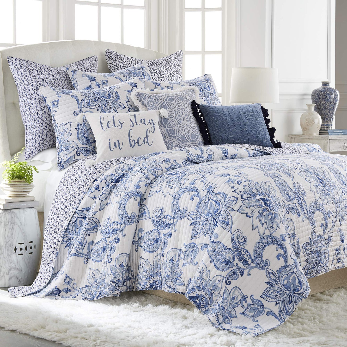 Levtex Home - Bennett Quilt Set - King/Cal King Quilt with Two King Pillow Shams - Floral Paisley - Blue and White - 106x92in and Pillow Sham Size 36x20in - Reversible - Cotton