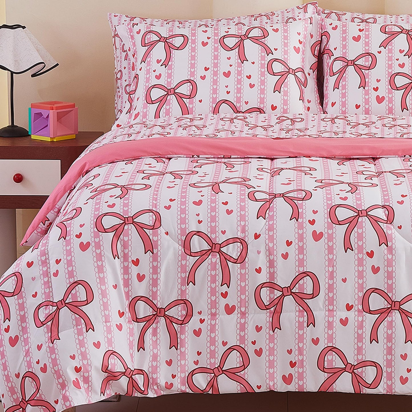 Viviland Kids Full Bedding Sets for Girls, Soft Full Comforter Set with Sheets, 7 Pieces Microfiber Bed in a Bag, Pink Bow