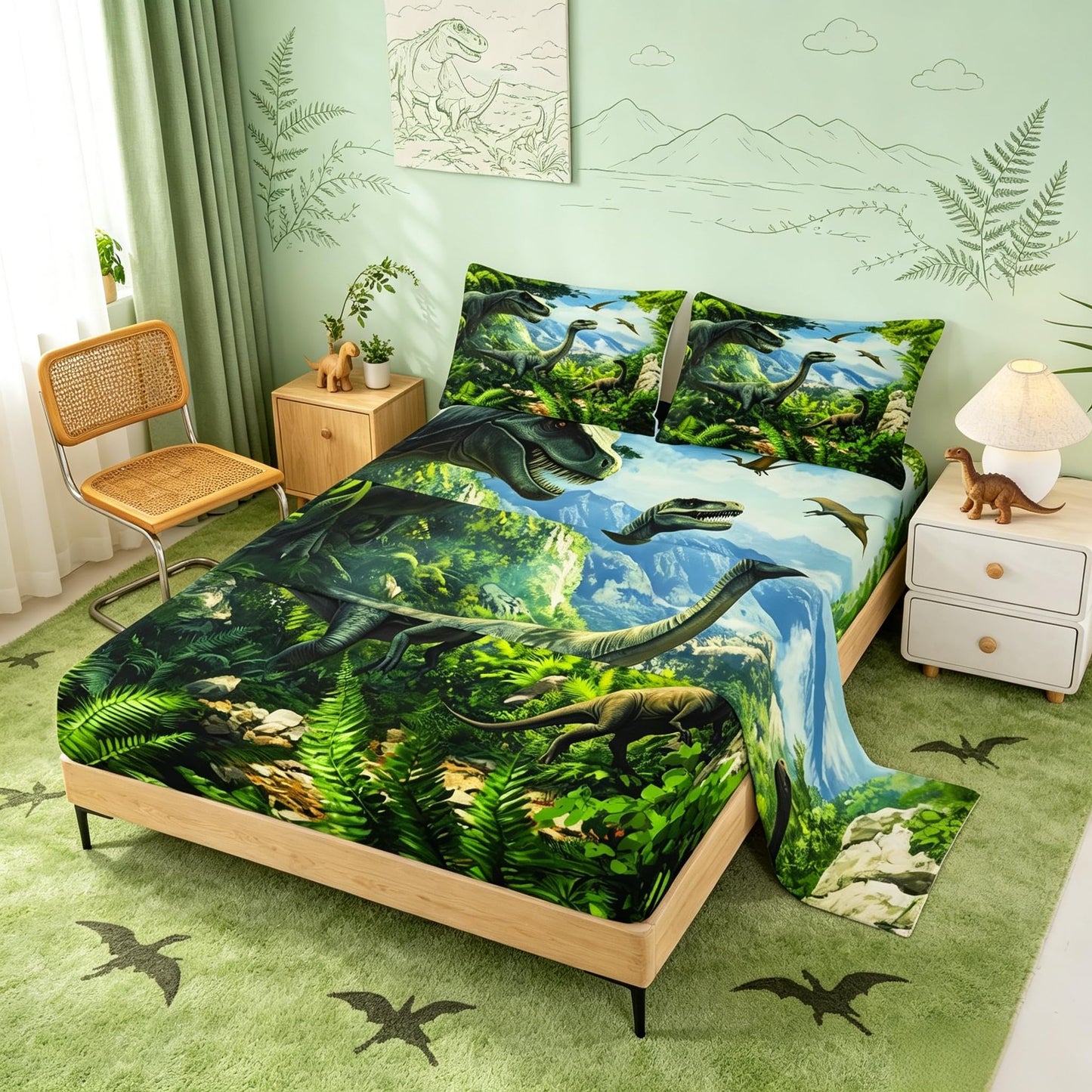 Feelyou Dinosaur Bed Sheets Sets Twin Size Kids Boys Girls 3D Digital Print Bedding Set Jungle Dino Bed Sheet Set with 16-Inch Deep Pockets Wild Animal 3Pcs with 1 Pillow Cases Green Blue White