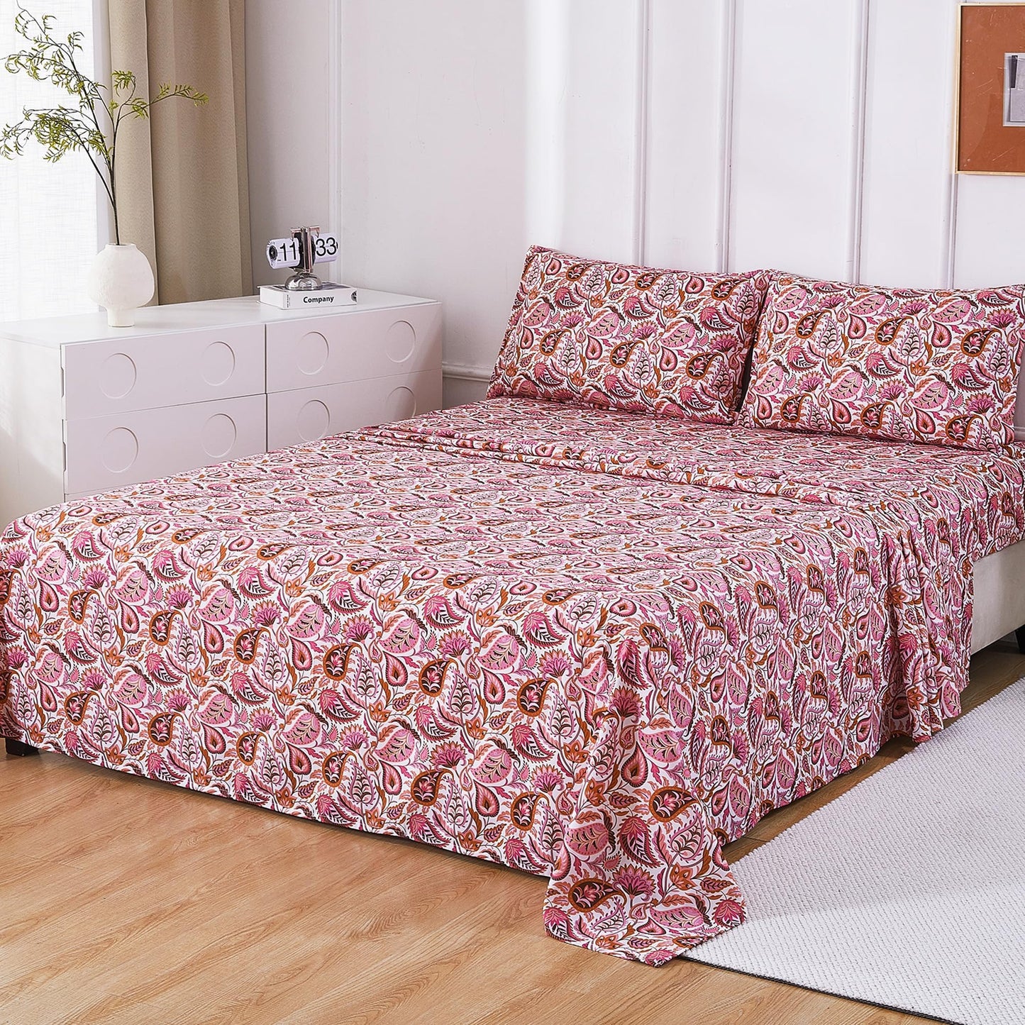 Softan Pink Paisley Floral Full Sheet Set, Cozy Boho Microfiber Printed Fitted Bed Sheet with 15" Deep Pockets & Non-Slip Straps, Girls Patterned Double Sheets & Pillowcase Set