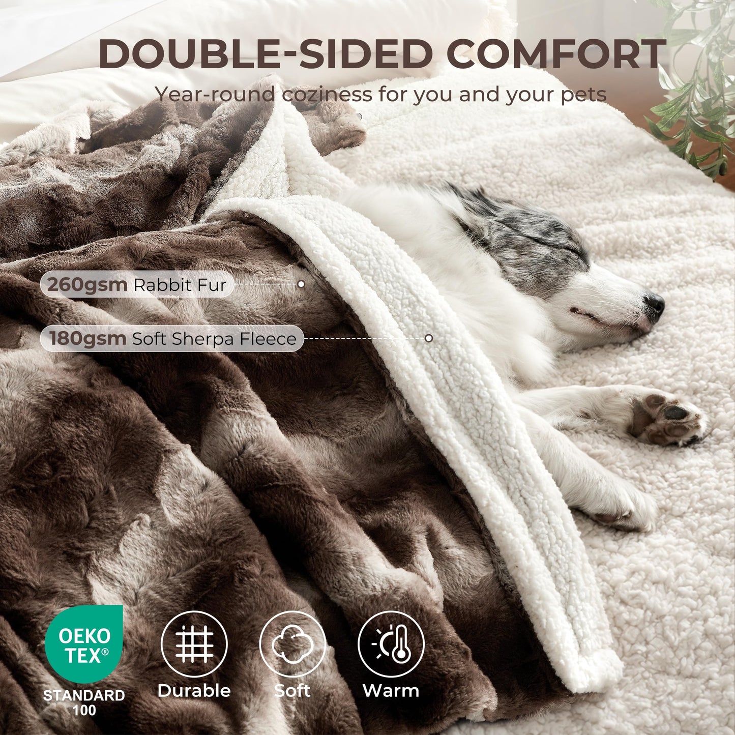 Warmrest Waterproof Dog Blanket for Large Dogs, Dual-Sided Comfort Pet Calming Blanket for Couches, Cozy Cat Blanket Fleece Washable, Reversible Throw Blanket for Furniture Protection, 50"x60", Brown