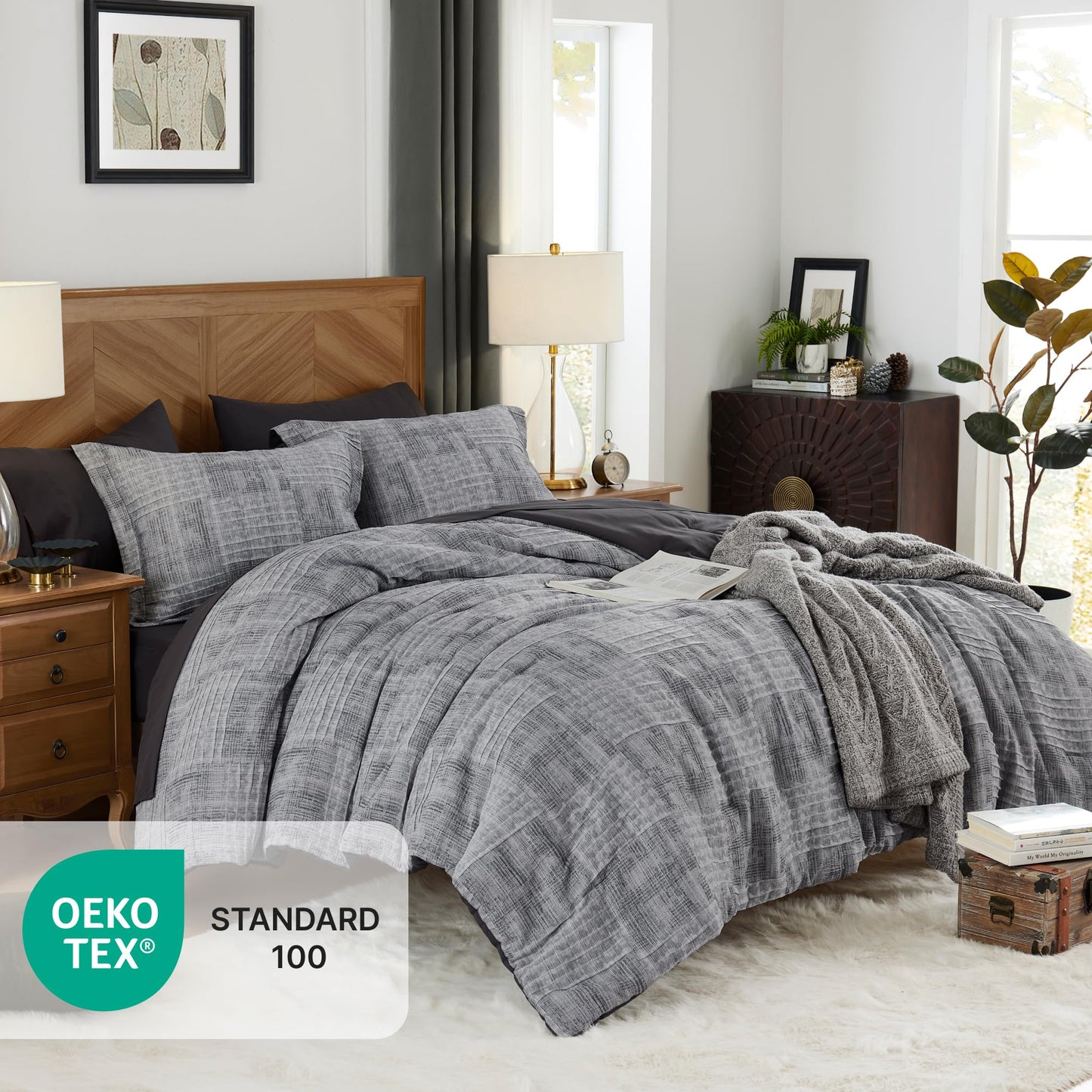 MaiRêve Charcoal Grey Queen Comforter Set, Textured Design Grey Crinkle Bed in A Bag Queen Size, Queen Comforter Set with 7 Pieces with Comforter, Sheets, Pillowcases & Shams 90"x 90"