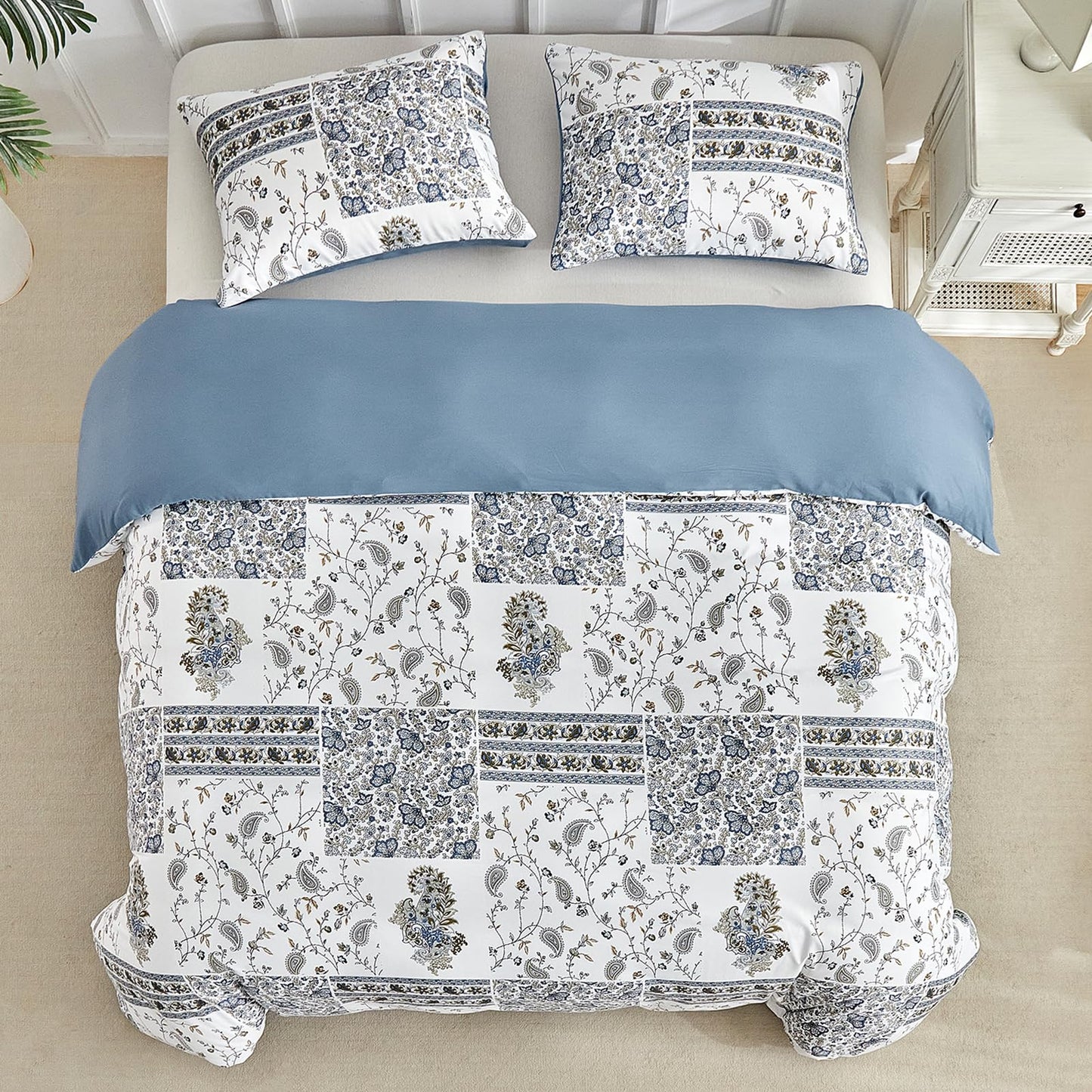 Lekesky Queen Size Duvet Cover Set, Patchwork Floral 3 Pieces Reversible Blue Paisley Duvet Cover Set, Ultra-Soft Microfiber 3 Pieces Comforter Cover with Zipper, Includes 2 Pillowcases