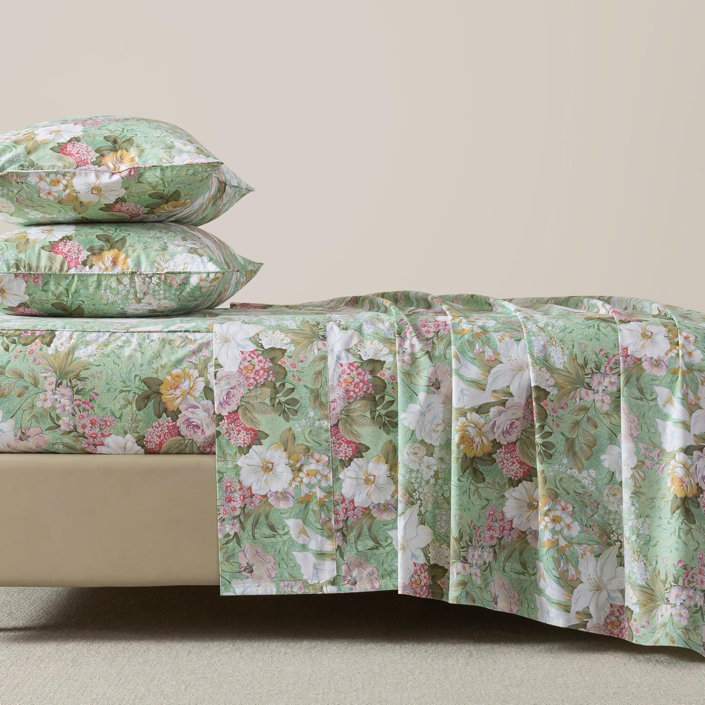 FADFAY Floral Bed Sheets Set Queen Size 100% Cotton Mint Green Botanical Sheet Sets Countryside Bedding Soft Breathable Girls Lily Flower Printed Deep Pocket Sheet 17.5 inch, 4 Pcs Queen