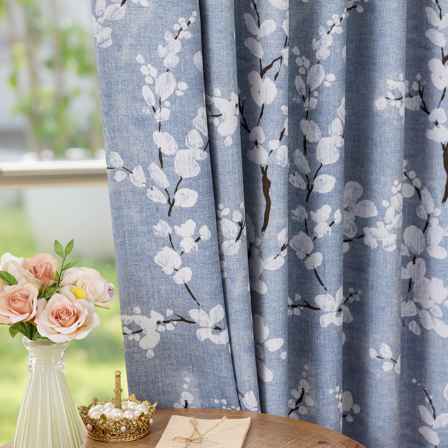 FMFUNCTEX 100% Blackout Floral Curtains for Bedroom, Blue Curtains 63 inch Length Blossom Flower Patterned for Living Room, Thermal Insulated Farmhouse Drapes, Grommet Top 2 Panels (White on Blue)