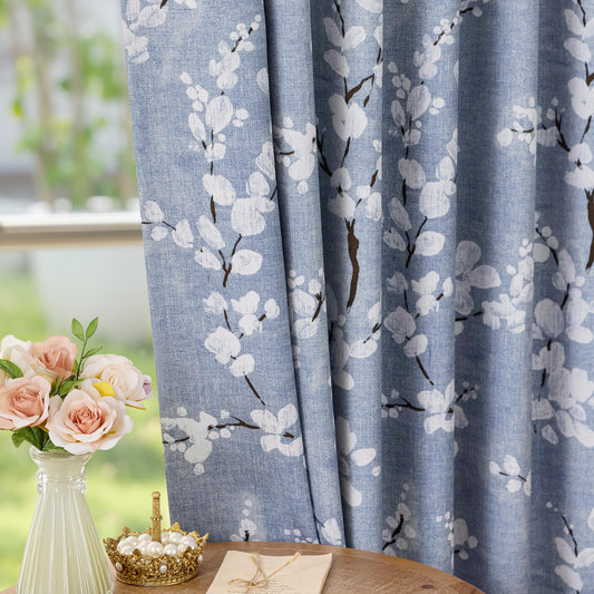 FMFUNCTEX 100% Blackout Floral Curtains for Bedroom, Blue Curtains 84 inch Length Blossom Flower Patterned for Living Room, Thermal Insulated Farmhouse Drapes, Rod Pocket 2 Panels (White on Blue)