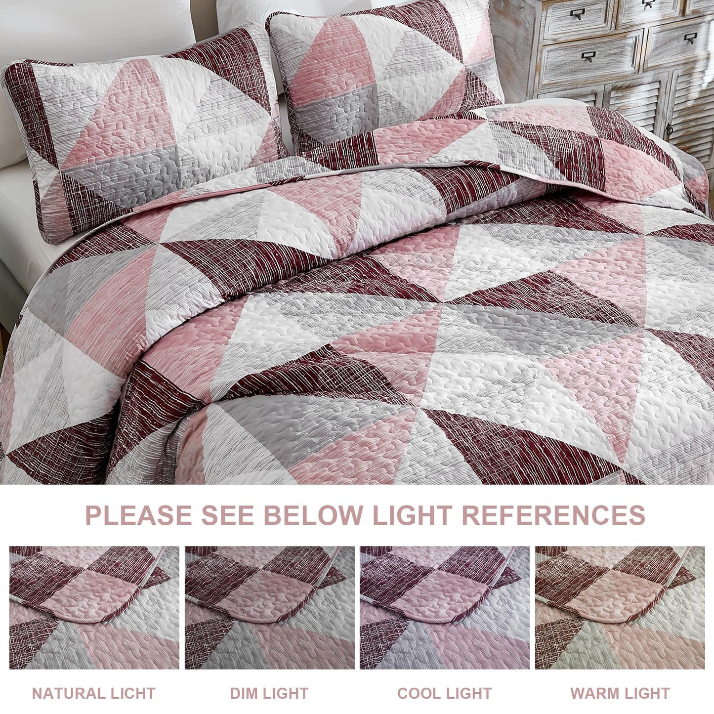 Dintszyayue Pink Quilt Queen Size, 3 Pieces Triangular Patchwork Bedspread Bedding for Queen Size Bed, Soft Lightweight Microfiber Geometric Coverlet Set for All Spring Quilt with 2 Pillowcases90 x96