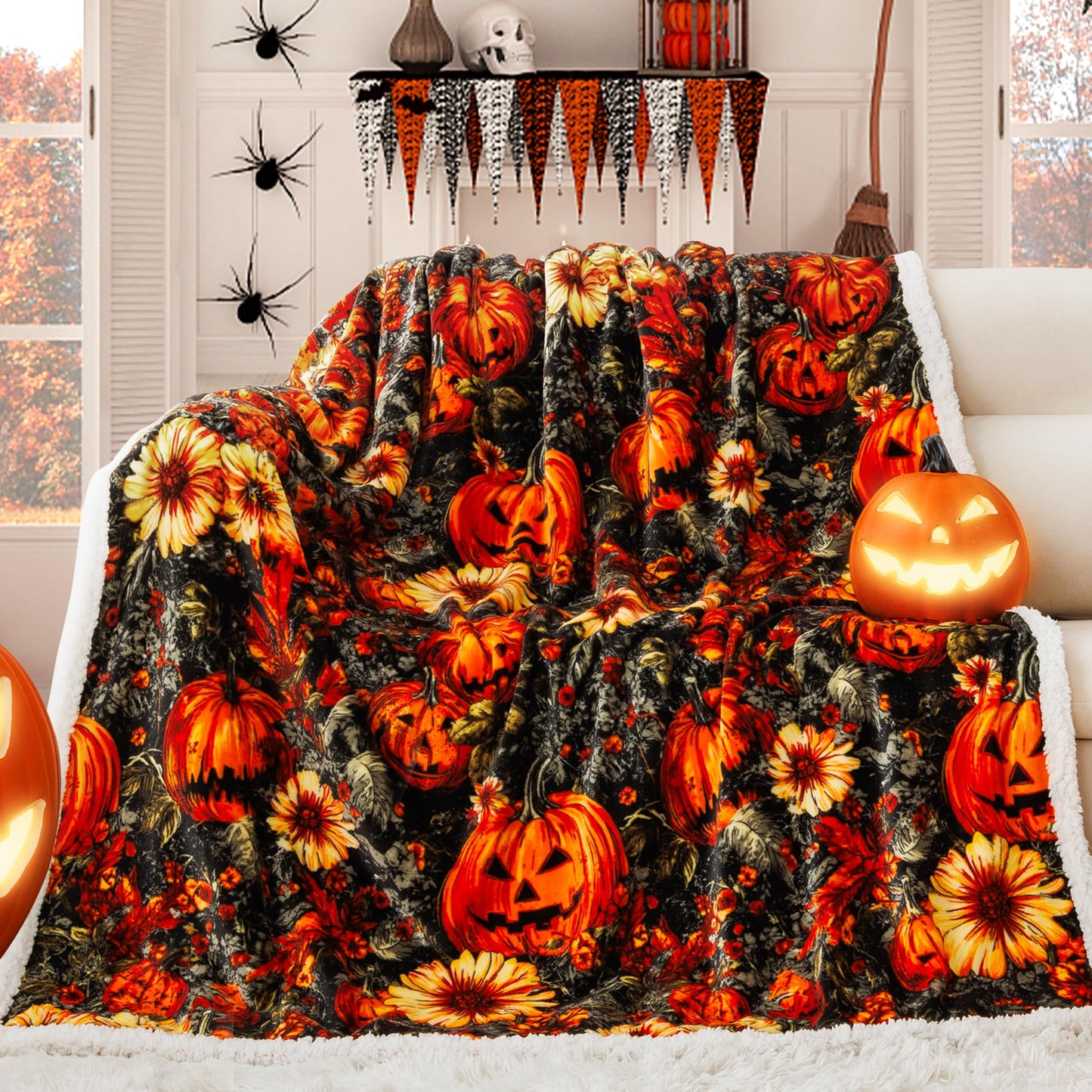 ROMROL Halloween Throw Blanket, Fall Sherpa Throw Blankets, Pumpkin, Leaves Fall Blanket, Soft Fuzzy Plush for Couch Sofa or Bed, Warm Flannel Blanket for Halloween Fall Decor (50" x 60")