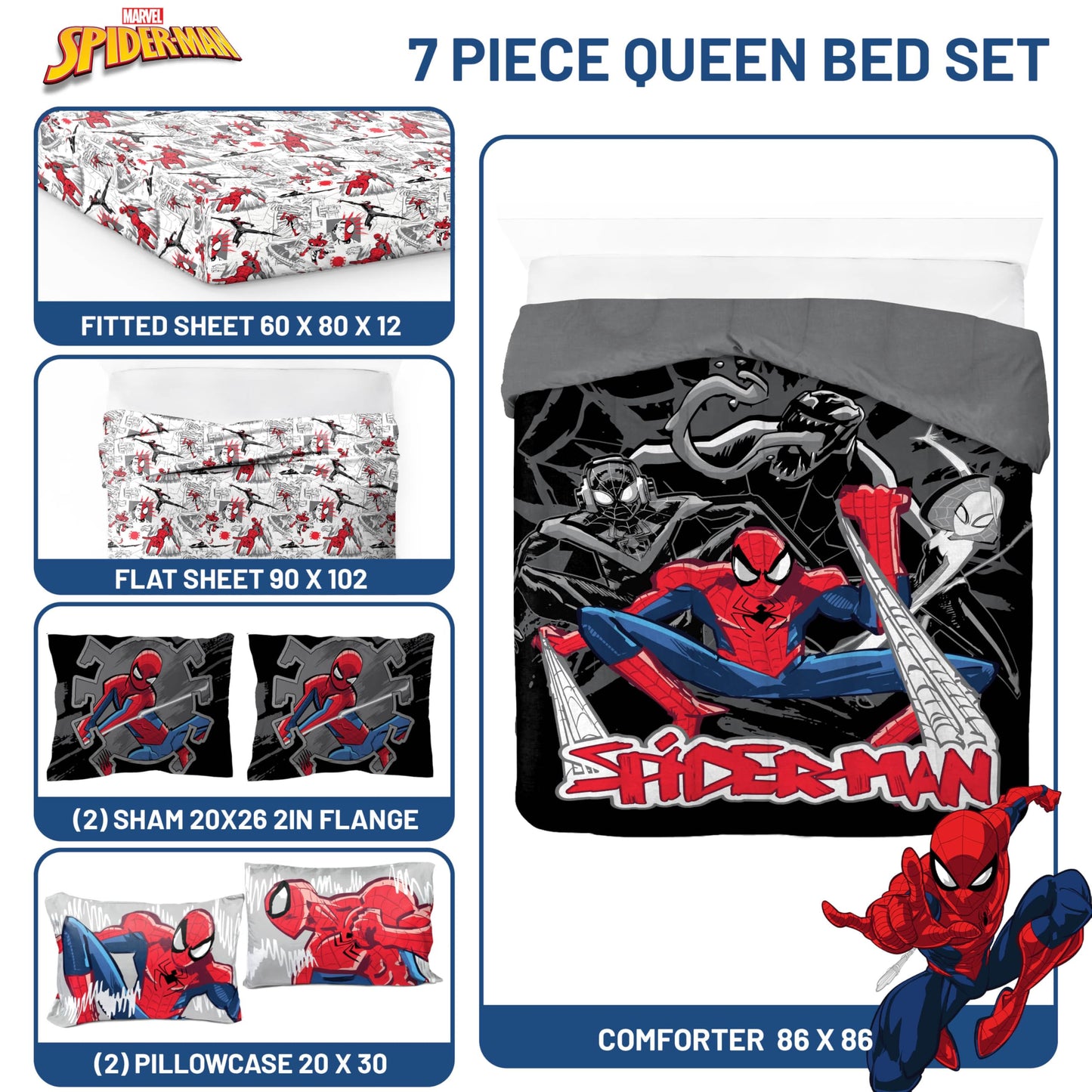 Jay Franco Kids Bed Set, Black, Spiderman, 7 Piece Queen