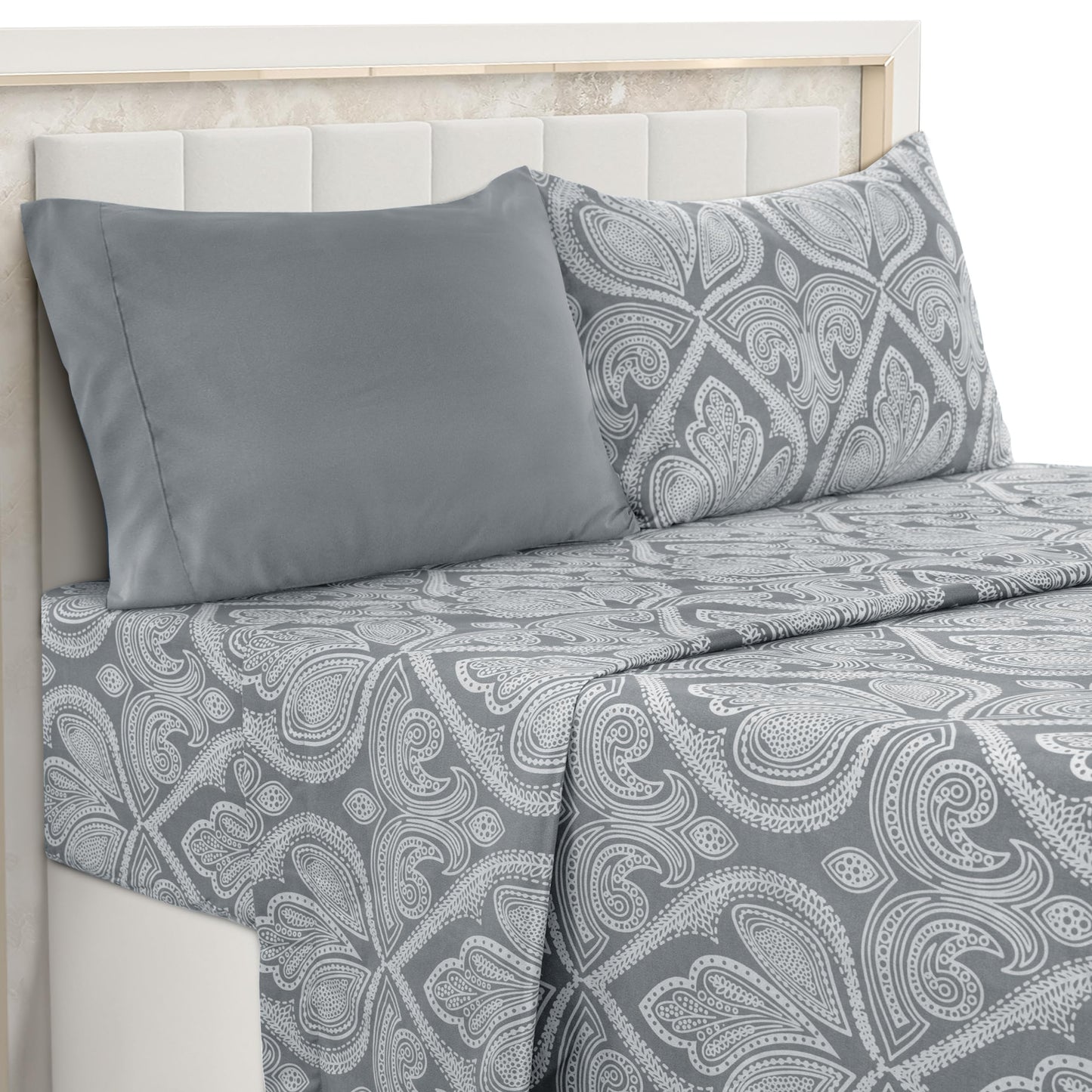 Ultra Soft Wrinkle-Free Microfiber Paisley Twin Sheet Set, Cute Floral Pattern Boho Print – 16" Deep Pocket Fitted Sheet, Flat Sheet & 2 Pillowcases, Breathable, OEKO-TEX - Grey