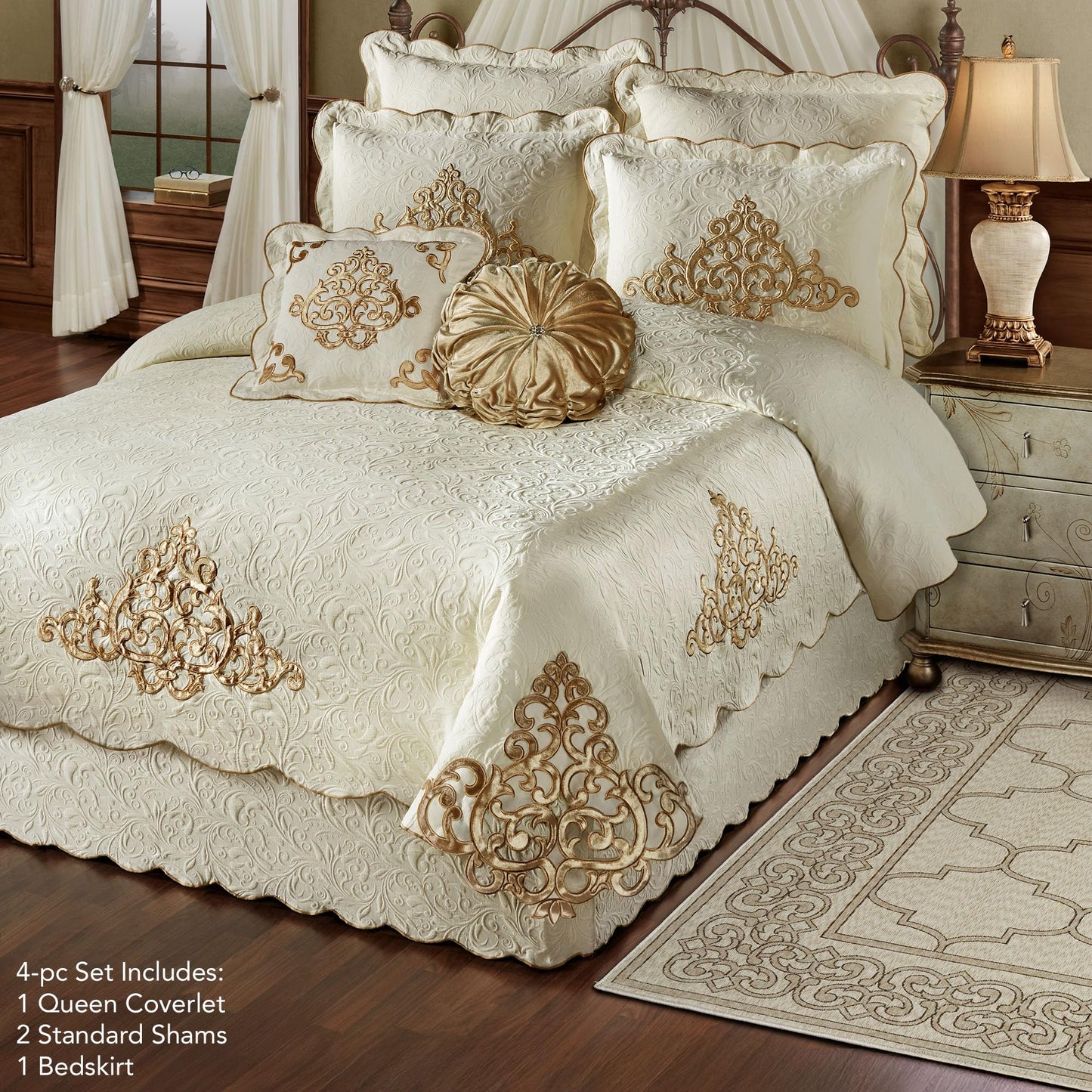 Imperial Luxury Matelasse Bedding | Velvet Golden Scrollwork Medallions | Ivory Matelasse Textured Scrolls | 4-Pc Lightweight Washable Bed Set: Oversized Queen Coverlet, Bedskirt, & 2 Standard Shams