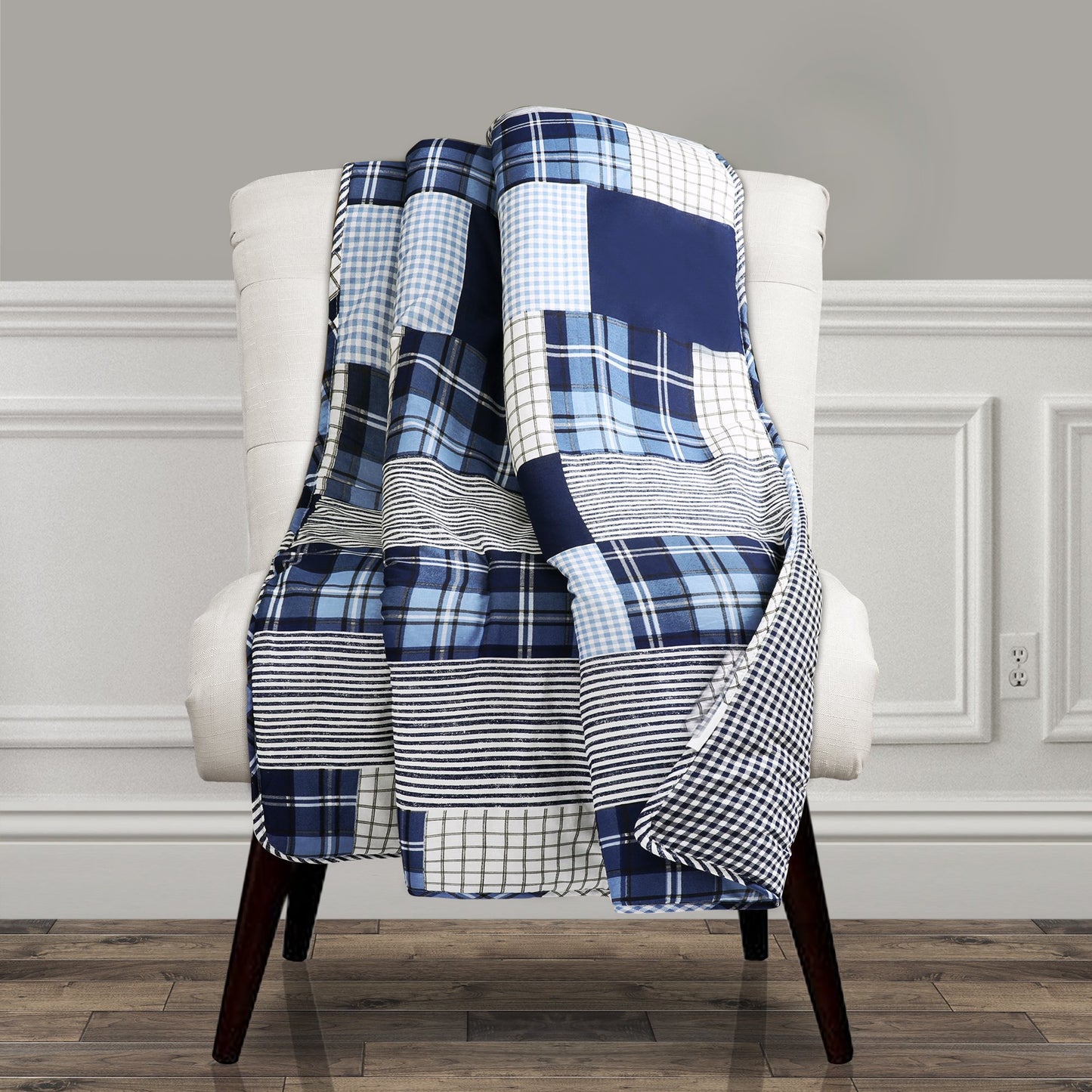Lush Decor Greenville Cotton Throw Blanket 50" W x 60" L Navy - Cotton Blanket for Bed -Patchwork Quilt - Farmhouse Couch Blankets - Rustic Home Decor