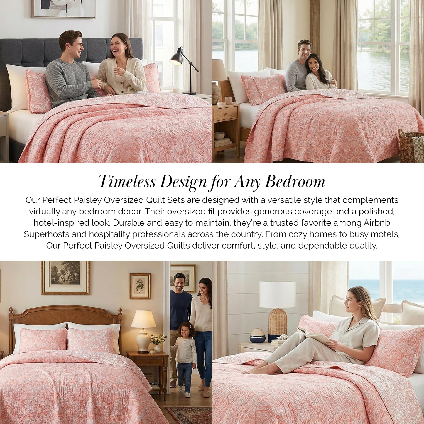 Southshore Fine Living, Inc. Paisley Quilt Set King/California Size, Light Weight Bedspread, 3-Piece Set Bohemian Bedding with Two Matching Quilted Pillow Shams, Cal/King Quilt, Reversible Coral