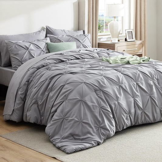 Bedsure Queen Comforter Set Grey - Bed in a Bag Queen Size Bedding 7 Pieces, GentleSoft™ Pintuck Bed Set Gift for Family, All Season Down Alternative Comforter with Sheets, Pillowcases & Shams