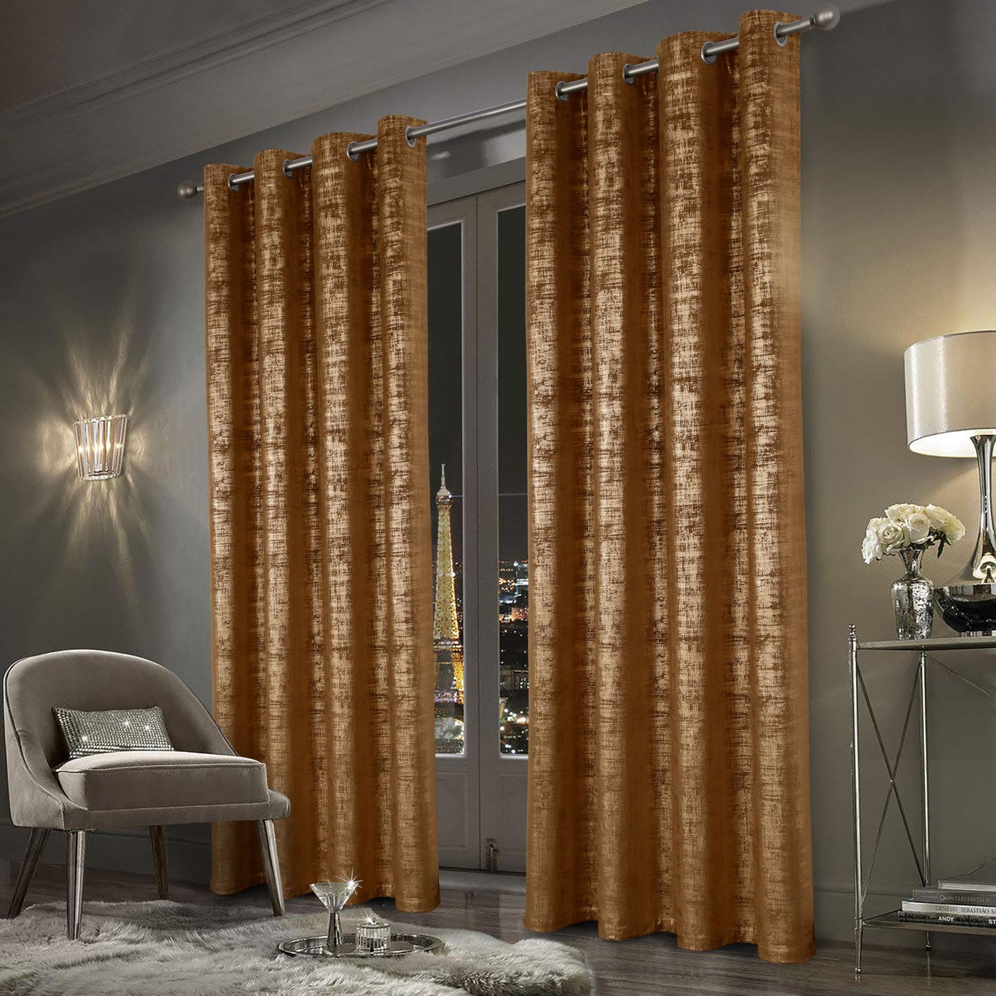 always4u 100% Blackout Soft Velvet Curtains for Bedroom Living Room Thermal Energy Saving 84 Inches Long Luxury Gold Foil Print Drapes 2 Panels Caramel