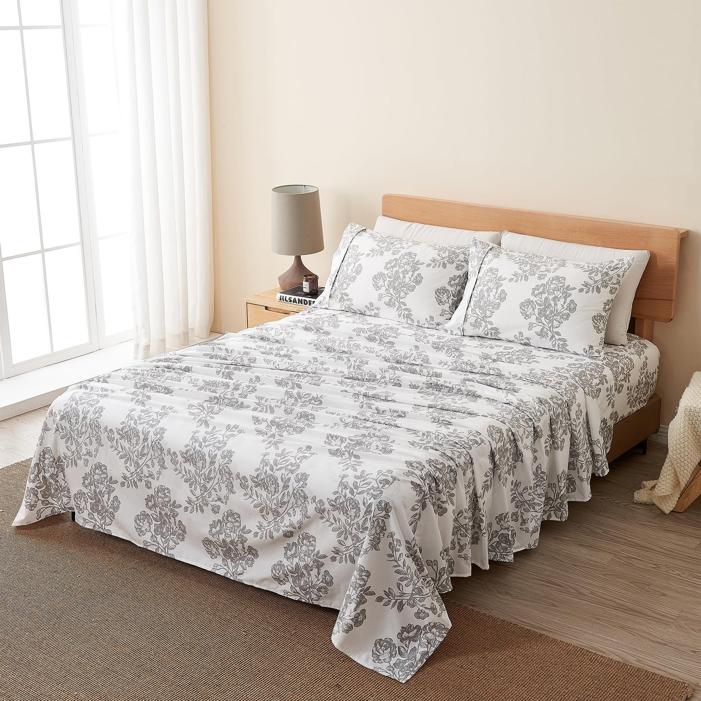 3-Piece Twin Printed Microfiber Sheet Set - Ultra-Soft, Brushed Bedding Sheets & Pillowcases - Wrinkle & Fade Resistant, All-Season Bed Sheets for Bed (Toile - Grey)
