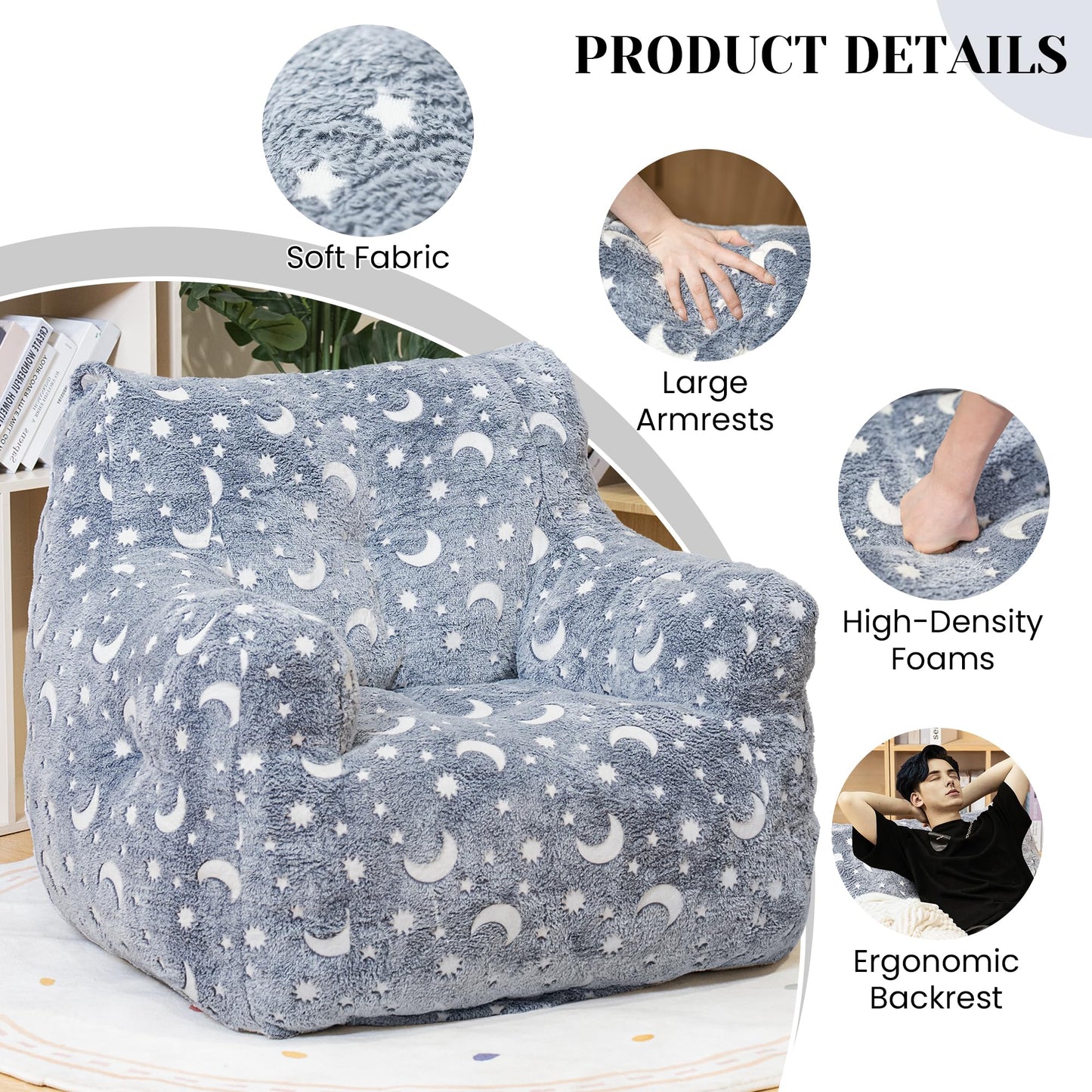 LinkRomat Bean Bag Chairs, Faux Fur BeanBag Chair with Memory Foam for Bedroom, Living Room, Reading, Adults - Grey - Star - Glow in The Dark