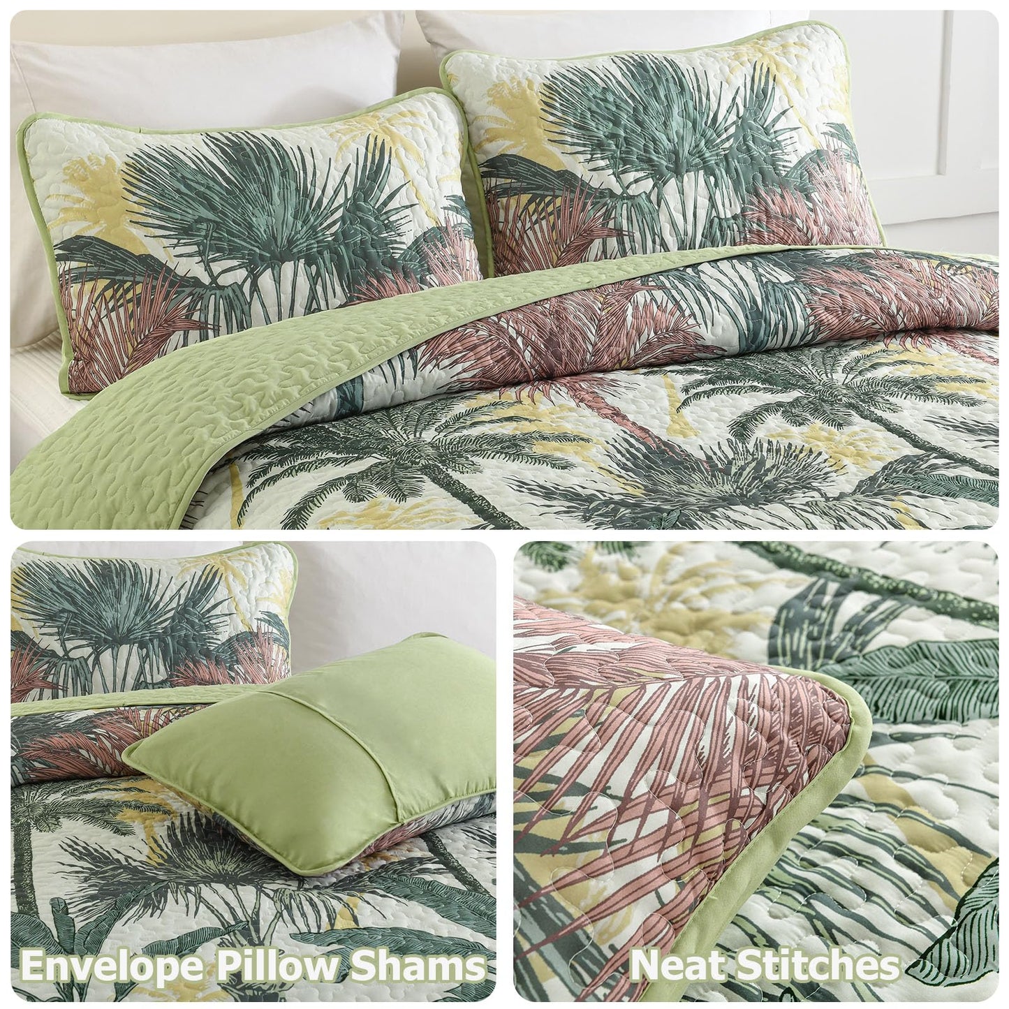 Luxudecor Tropical Plants Quilt Set King Size 3 Pieces Green and Brown Palm Botanical Bedspread Rainforest Style Bedding Set Soft Lightweight Bed Cover All Season 104"x90"