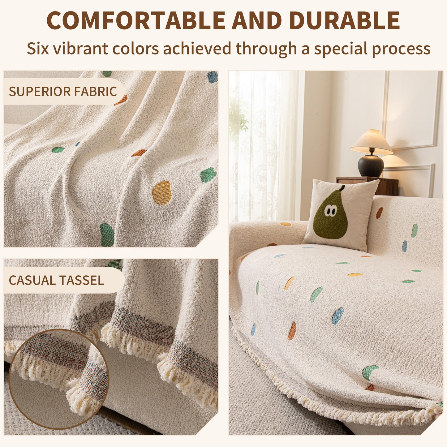 KaviKon Couch Covers for Dogs, Sofa Covers for 3 Cushion Couch, Plush Couch Blanket Cover Sectional Washable, Sofa Slipcover Protector, Slip Covers for Sofas High-Gram Weight, Dots Beige, 71" ×118"