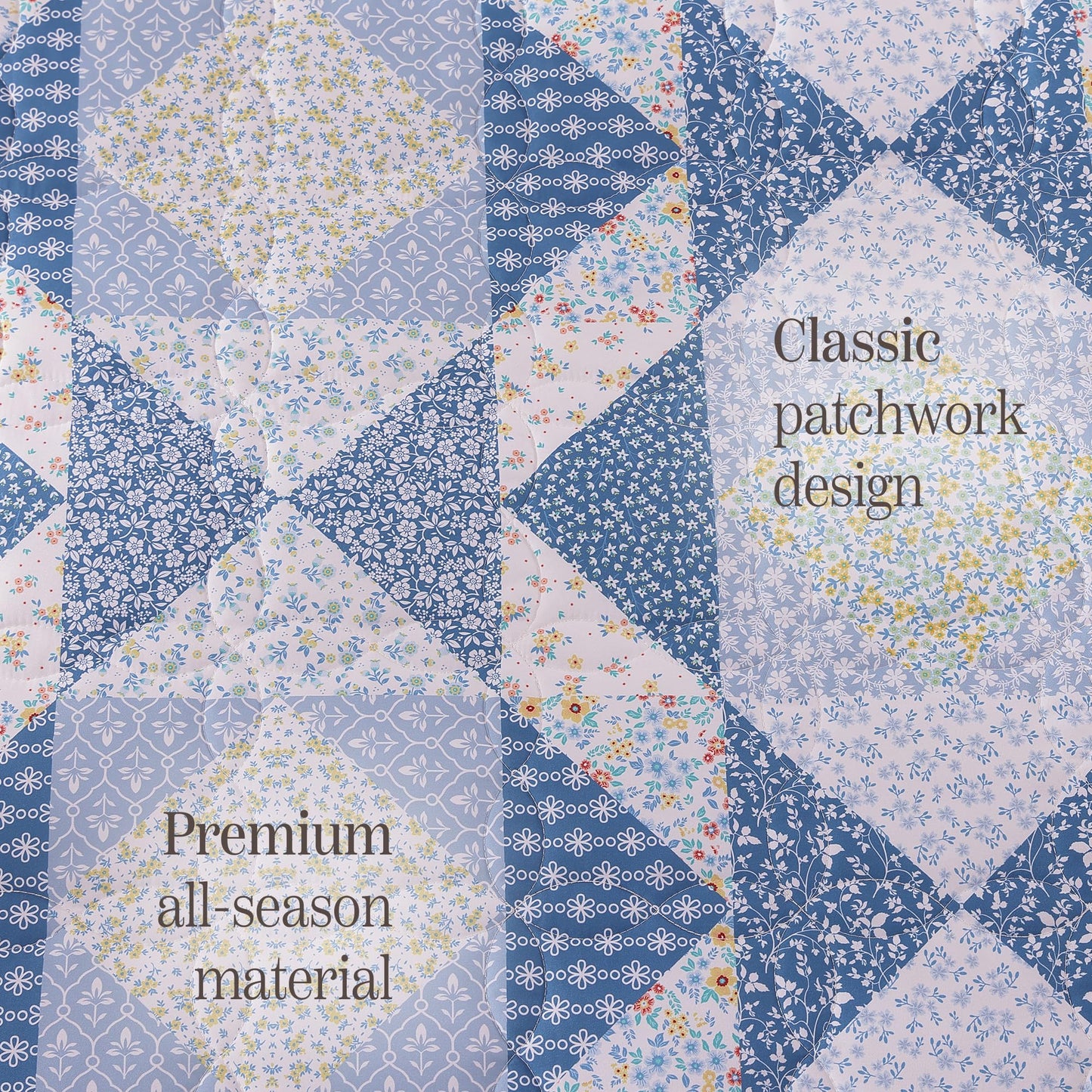 BLOOMHAVEN Quilt Set Queen Size, Patchwork Blue Marigold Floral Quilt Sets, Reversible Bedspread Lightweight and Breathable for All Seasons, Soft Quilted Bedspread with 2 Pillow Shams