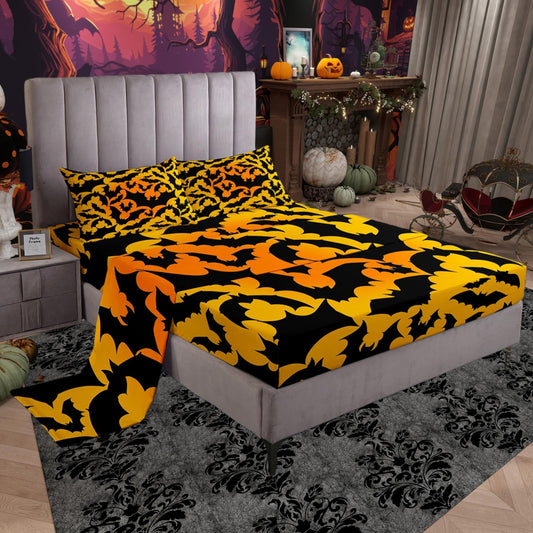 Castle Fairy Halloween Themed Bed Sheet Set Twin Size,Kids Black Bats Animal Print Sheet Set Room Decor,Watercolor Yellow Orange Bedding Set for Boys Teens,(1 Fitted+1 Flat+1 Pillowcase)