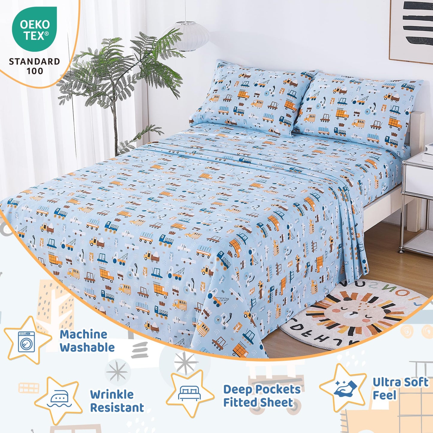 Viviland 3 Pieces Boys Blue Truck Twin Sheet Set - Soft Microfiber Fitted Flat Sheets & Pillowcase - Construction Truck Bedding Sets - for Kids & Toddlers