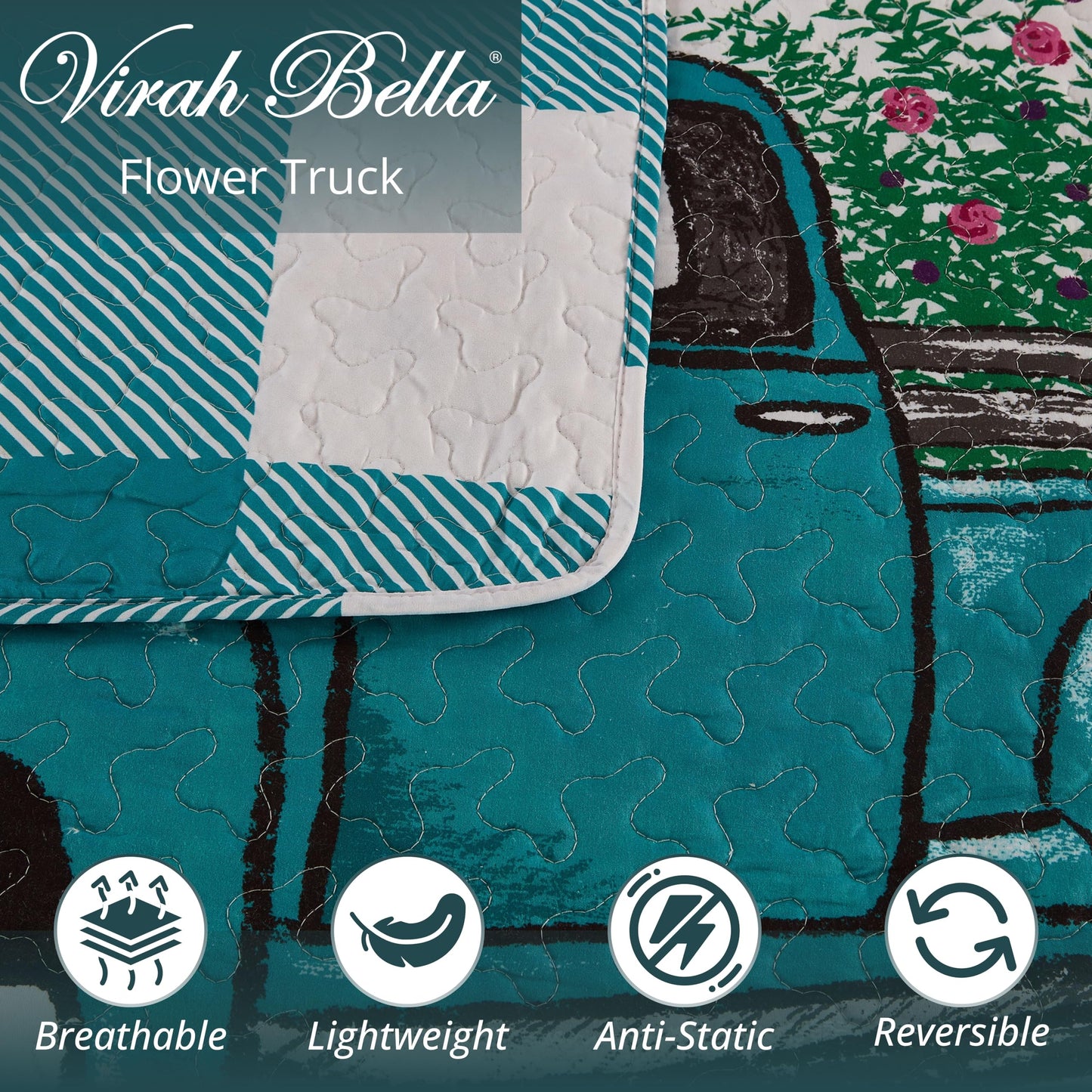 Virah Bella 3 Piece Full/Queen Cabin Quilt Bedding Set - Flower Truck - Rustic Country Reversible Patchwork Comforter Set with Decorative Pillow Shams