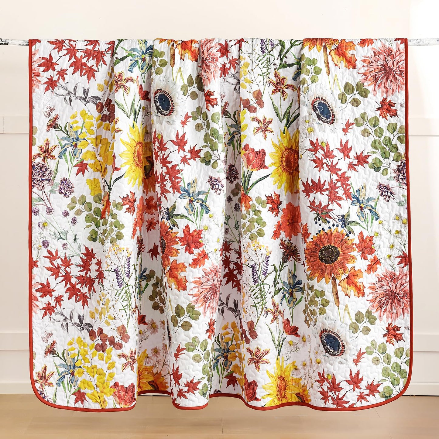 Yiran Fall Floral Quilt Set King Size, Orange Red Sunflower Botanical Bedspread Bedding Set, 3 Pieces Soft Lightweight Microfiber Coverlet with 2 Pillow Shams for All Season 106x90 Inch