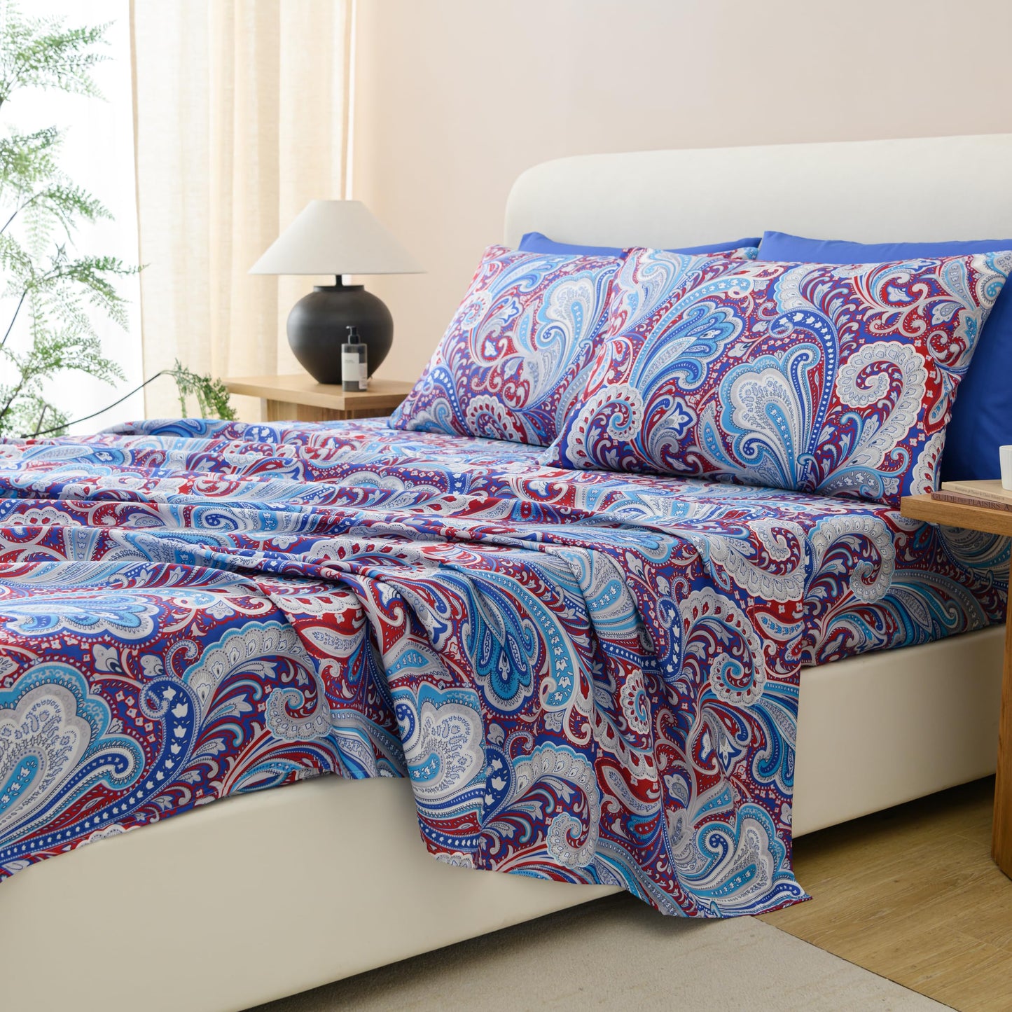 Spirit Linen home 6-Piece King Size Bed Sheet Set - Deep Pocket, Medallion Print, Soft and Breathable Bed Sheets, Microfiber Material, Includes 1 Fitted, 1 Flat, 4 Pillowcases - Navy Medallion Design
