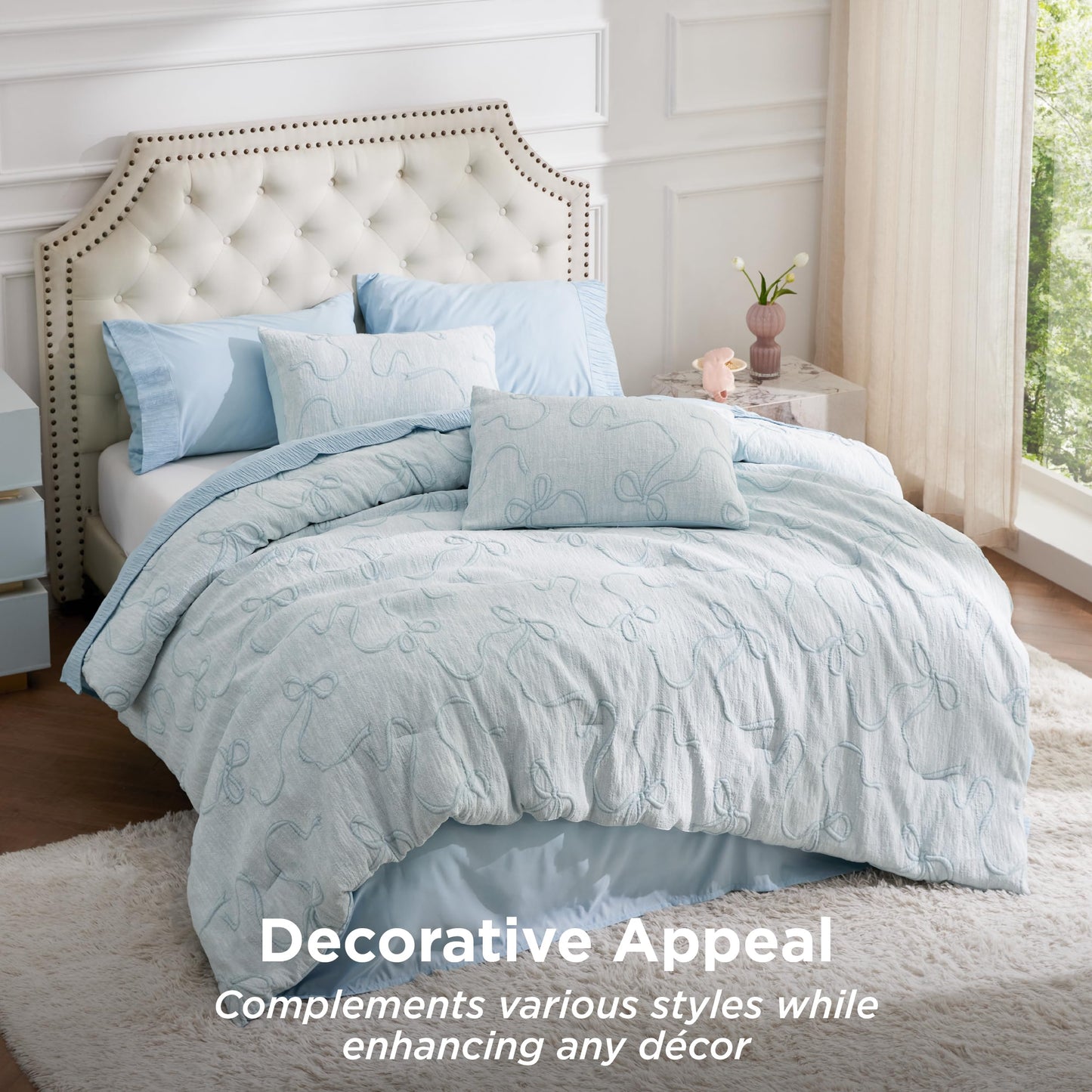 Bedsure Dusty Blue King Size Comforter Set, GentleSoft™ 3 Pieces Breathable Bow Comforter Set Women with 2 Pillow Shams, Cute King Bedding Set Room Decor Aesthetic Bedroom Decor, 104x90 Inches
