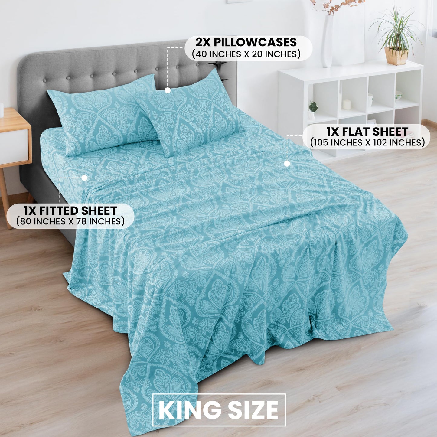 Hannah Linen Paisley King Sheet Set, 4 PC Soft Microfiber Wrinkle Free Sheets - Luxurious Printed Bed Sheets Includes Flat Sheet, Fitted Sheet with Deep Pockets, & 2 Pillowcases - Blue