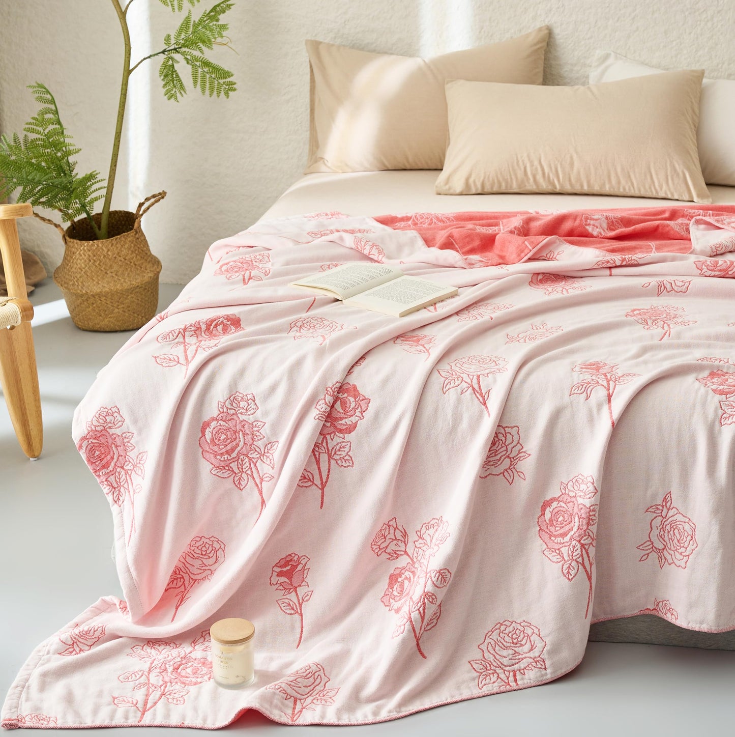 Scientific Sleep Rose Pink White Flower 100% Cotton Muslin Blanket Throw Cover for Bed Couch Sofa Cozy Soft Reversible Bedding Blanket Bedspread Coverlet Twin 60 in x 80 in