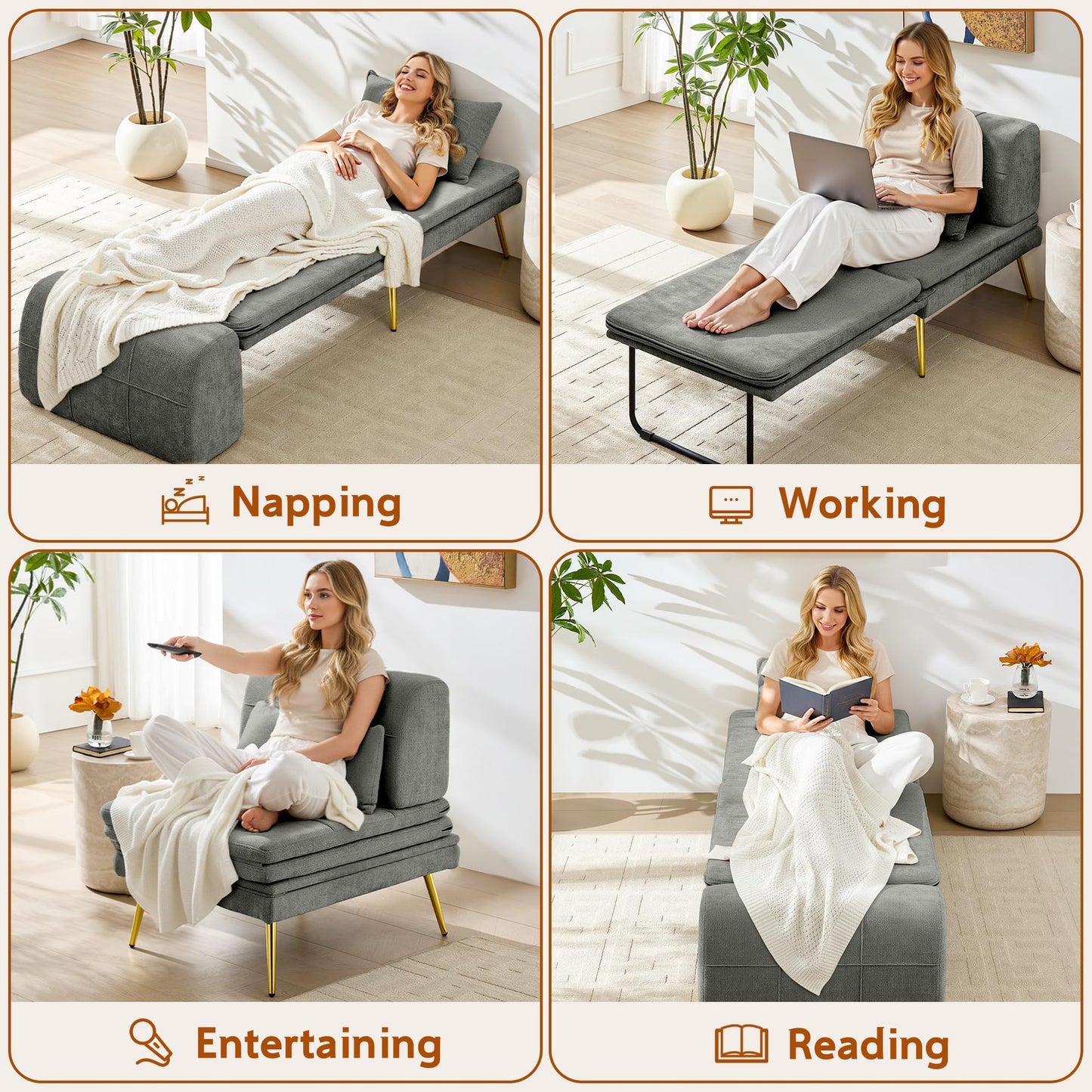 wanan Sleeper Chair, 3-in-1 Chair Bed Sleeper for Adults, Futon Sofa Bed with Back Support & Pillow, Solid Wood Frame & Sturdy Metal Legs for Living Room, Bedroom, Gray