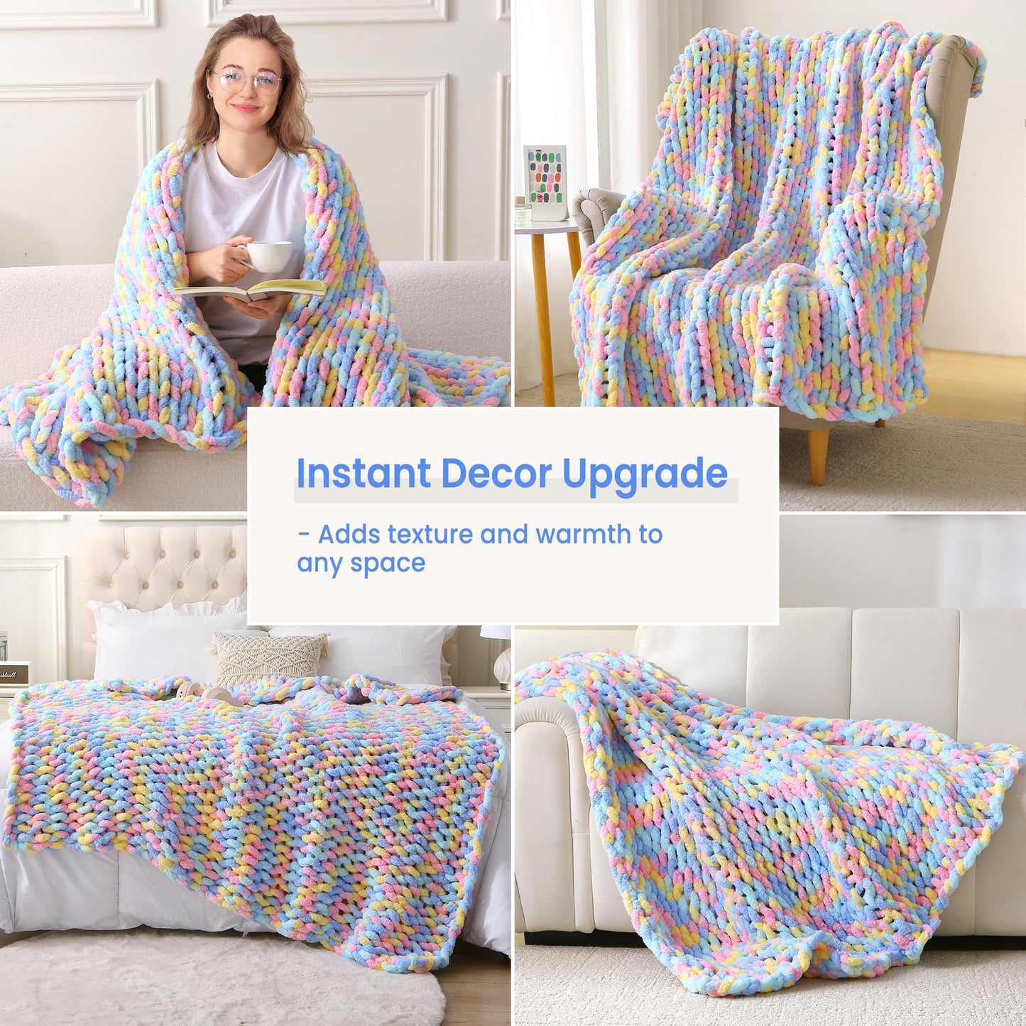Mooreeke Chunky Knit Blanket 50"x60" Soft Washable Chenille Throw Blanket Cozy 100% Handmade Crochet Gift Blankets with Jumbo Chenille Yarn for Couch Bed Sofa Room Decor -Purple and Pink