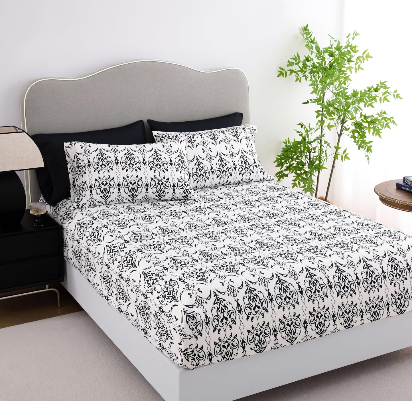 Spirit Linen home 6-Piece Queen Size Bed Sheet Set - Deep Pocket, Scroll Pattern, Soft and Breathable Bed Sheets, Microfiber Material, Includes 1 Fitted, 1 Flat, 4 Pillowcases - Black/White Scroll