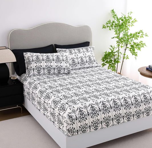 Spirit Linen home 6-Piece Twin Size Bed Sheet Set - Deep Pocket, Scroll Pattern, Soft and Breathable Bed Sheets, Microfiber Material, Includes 1 Fitted, 1 Flat, 4 Pillowcases - Black/White Scroll